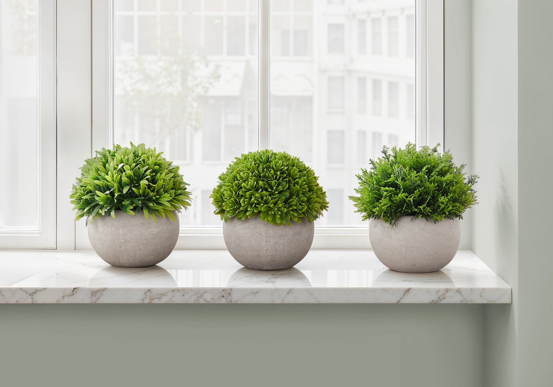 Artificial Plant, 5" Tall, Grass, Indoor, Faux, Fake, Table, Greenery, Potted, Set Of 3, Decorative, Green Plants, Grey Pots