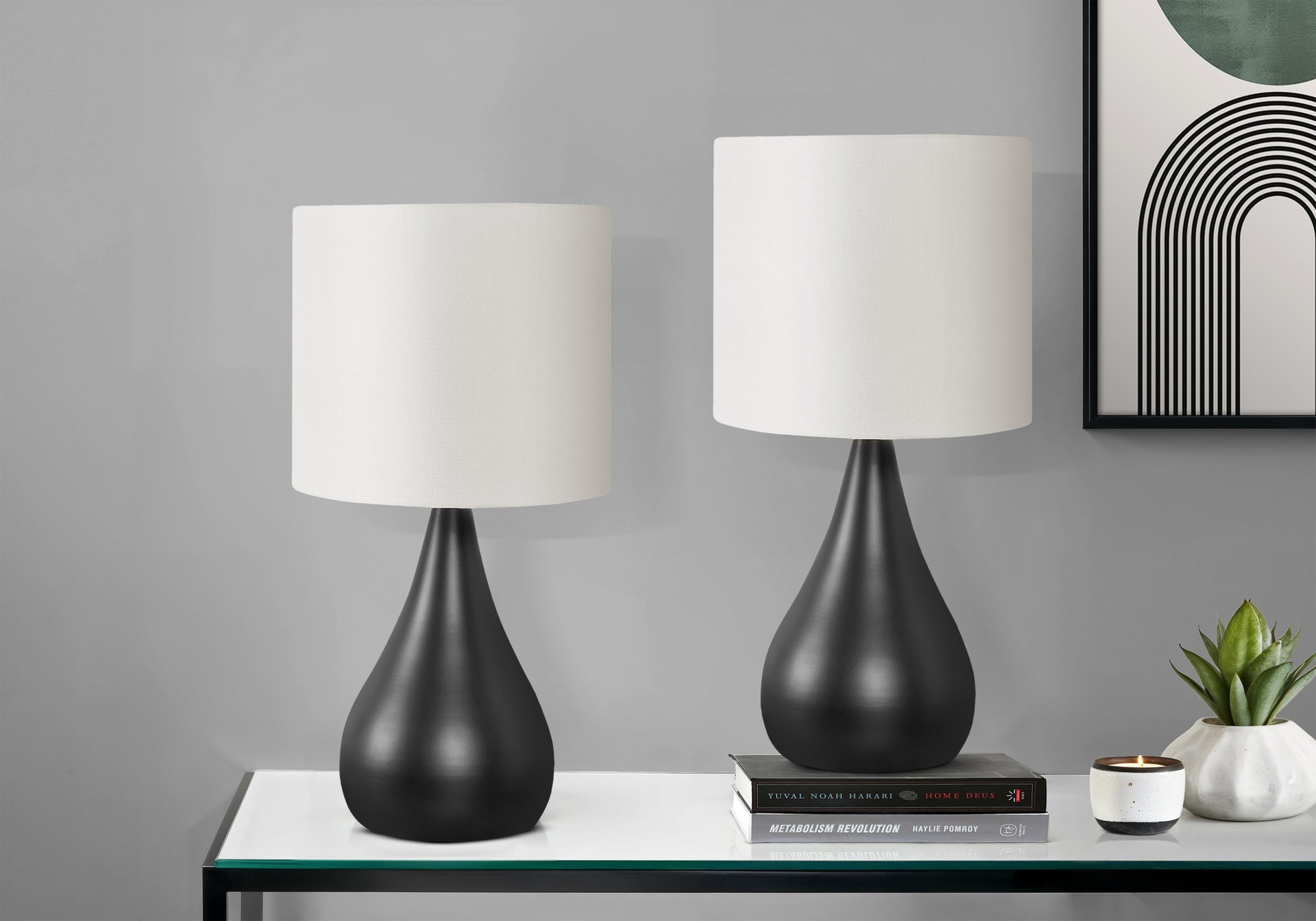 Lighting, Set Of 2, 18"h, Table Lamp, Black Metal, Ivory / Cream Shade, Contemporary