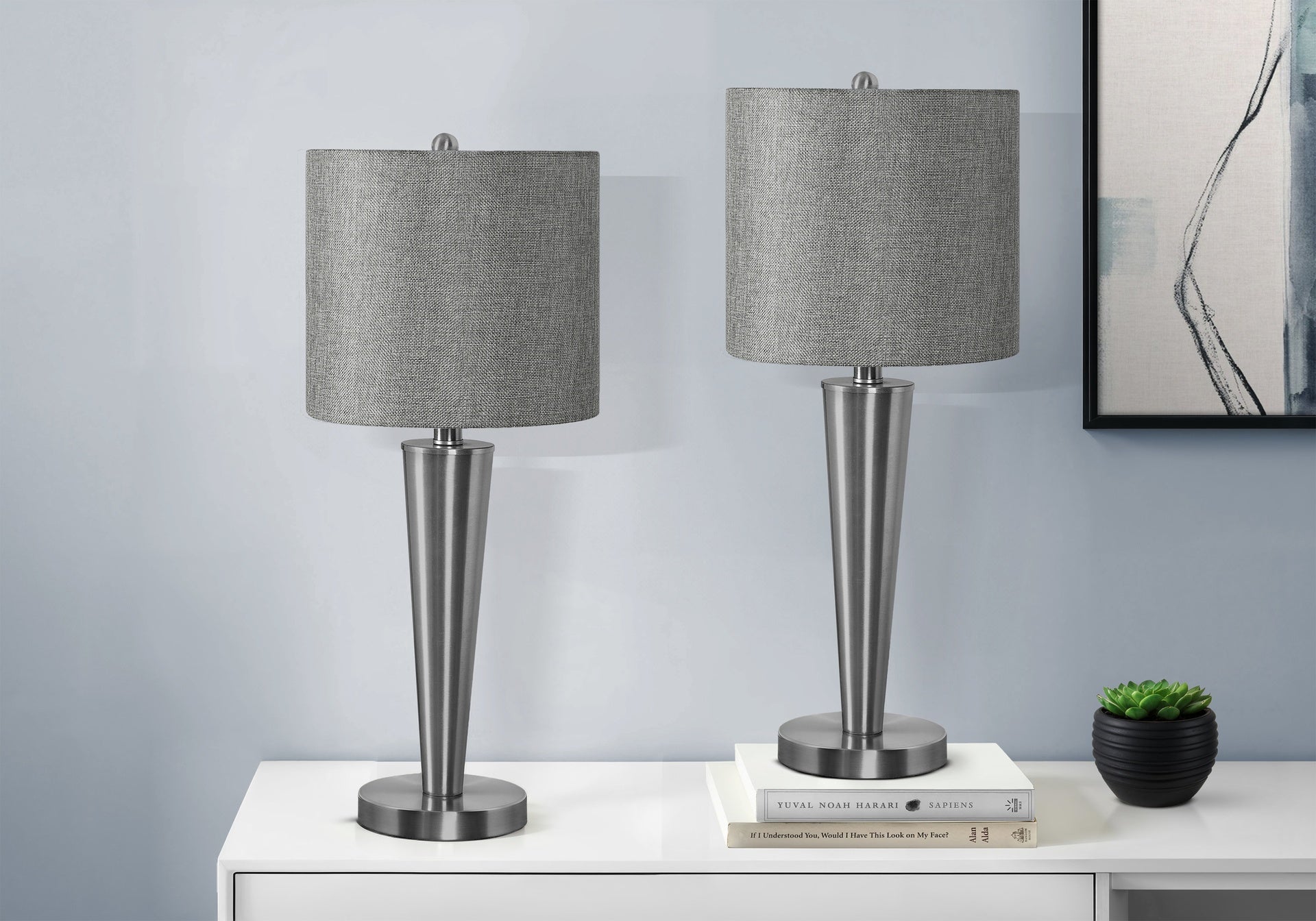 Lighting, Set Of 2, 24"h, Table Lamp, Usb Port Included, Nickel Metal, Grey Shade, Contemporary