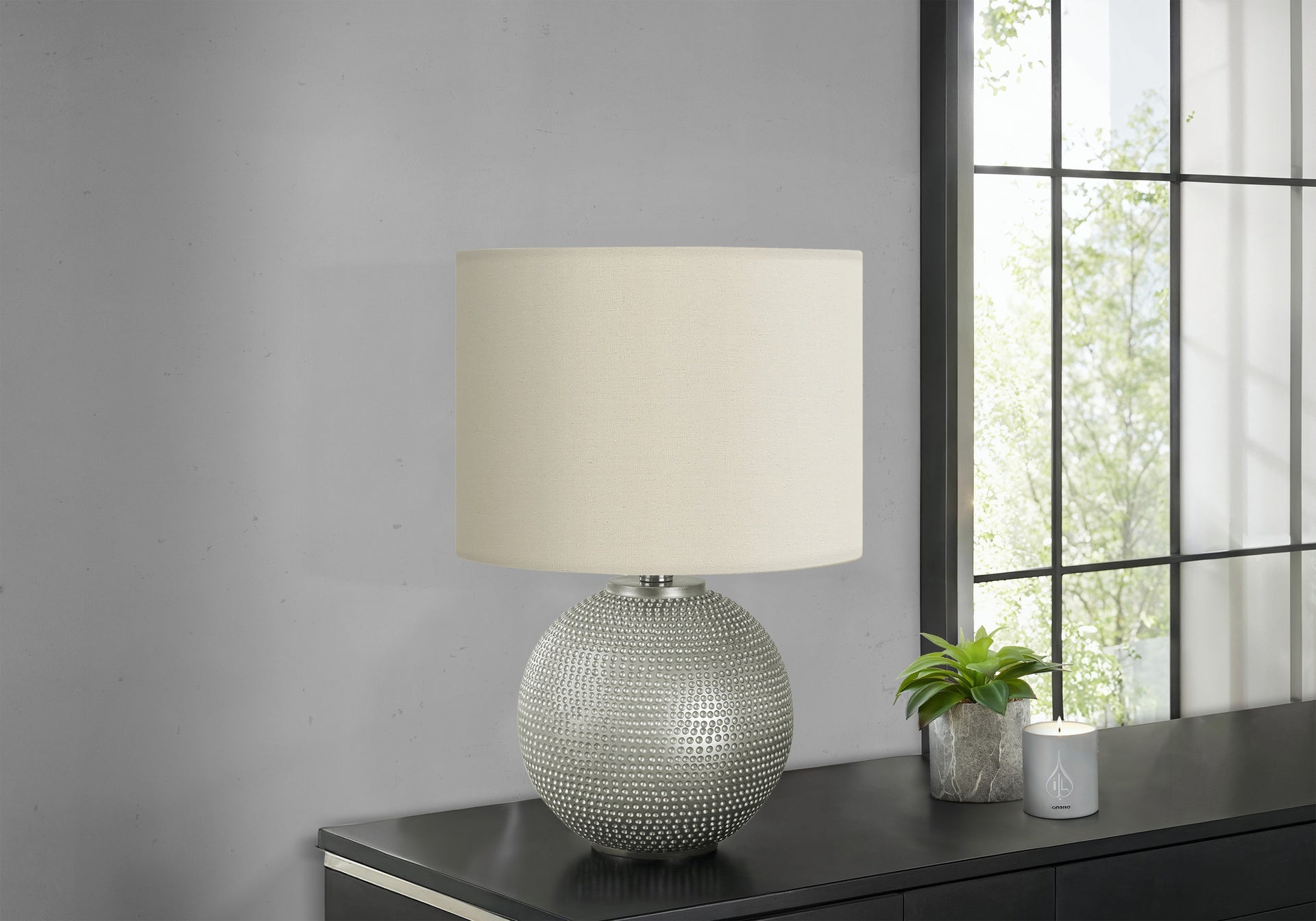Lighting, 19"h, Table Lamp, Grey Resin, Ivory / Cream Shade, Modern