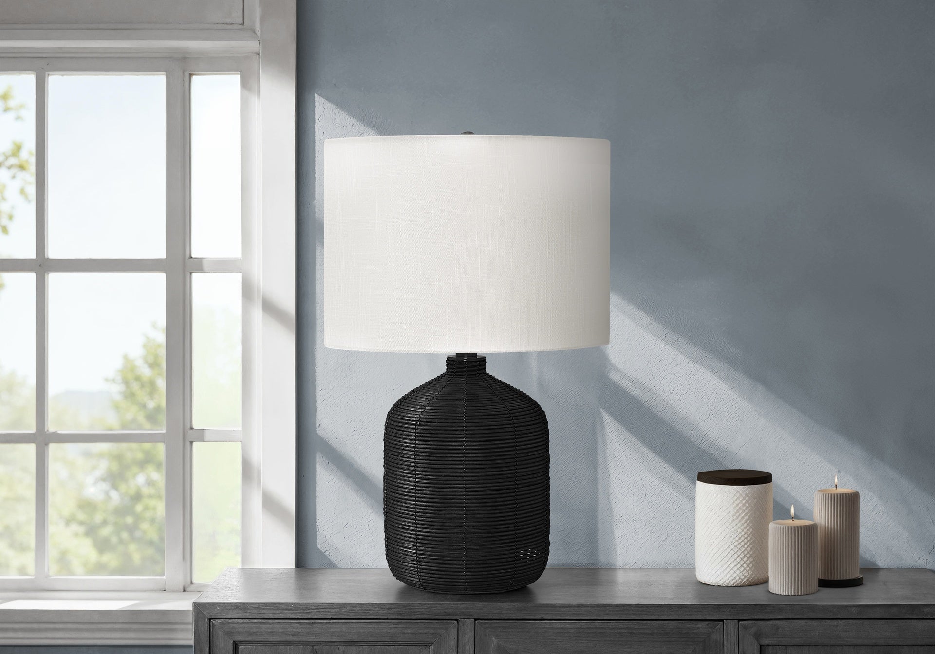 Lighting, 23"h, Table Lamp, Black Rattan, Ivory / Cream Shade, Modern