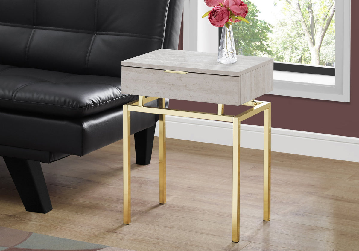 Accent Table, Side, End, Nightstand, Lamp, Storage Drawer, Living Room, Bedroom, Beige Marble Look Laminate, Gold Metal, Contemporary, Modern