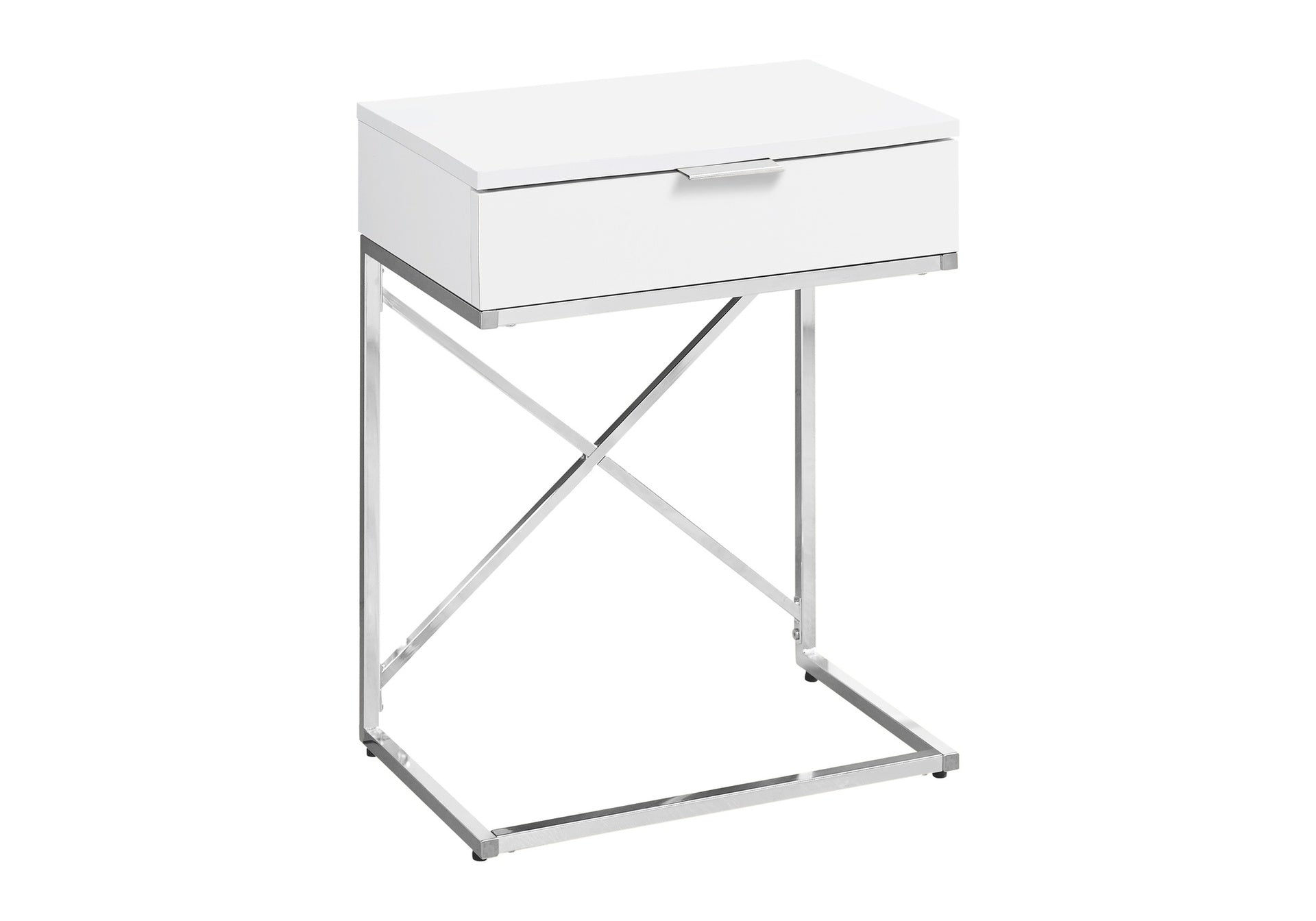 Accent Table, Side, End, Nightstand, Lamp, Storage Drawer, Living Room, Bedroom, Glossy White Laminate, Chrome Metal, Contemporary, Modern