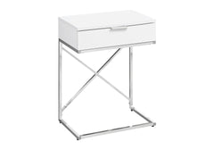 Accent Table, Side, End, Nightstand, Lamp, Storage Drawer, Living Room, Bedroom, Glossy White Laminate, Chrome Metal, Contemporary, Modern