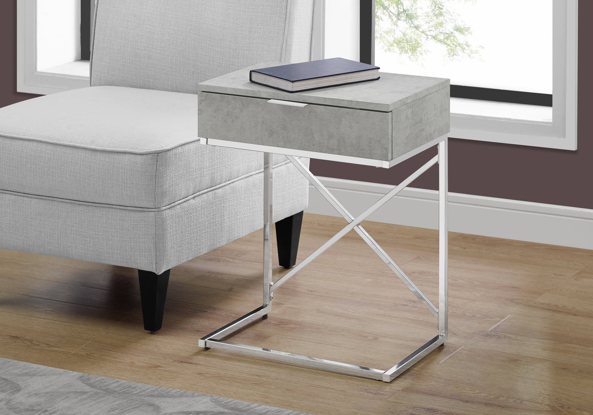 Accent Table, Side, End, Nightstand, Lamp, Storage Drawer, Living Room, Bedroom, Grey Laminate, Chrome Metal, Contemporary, Modern