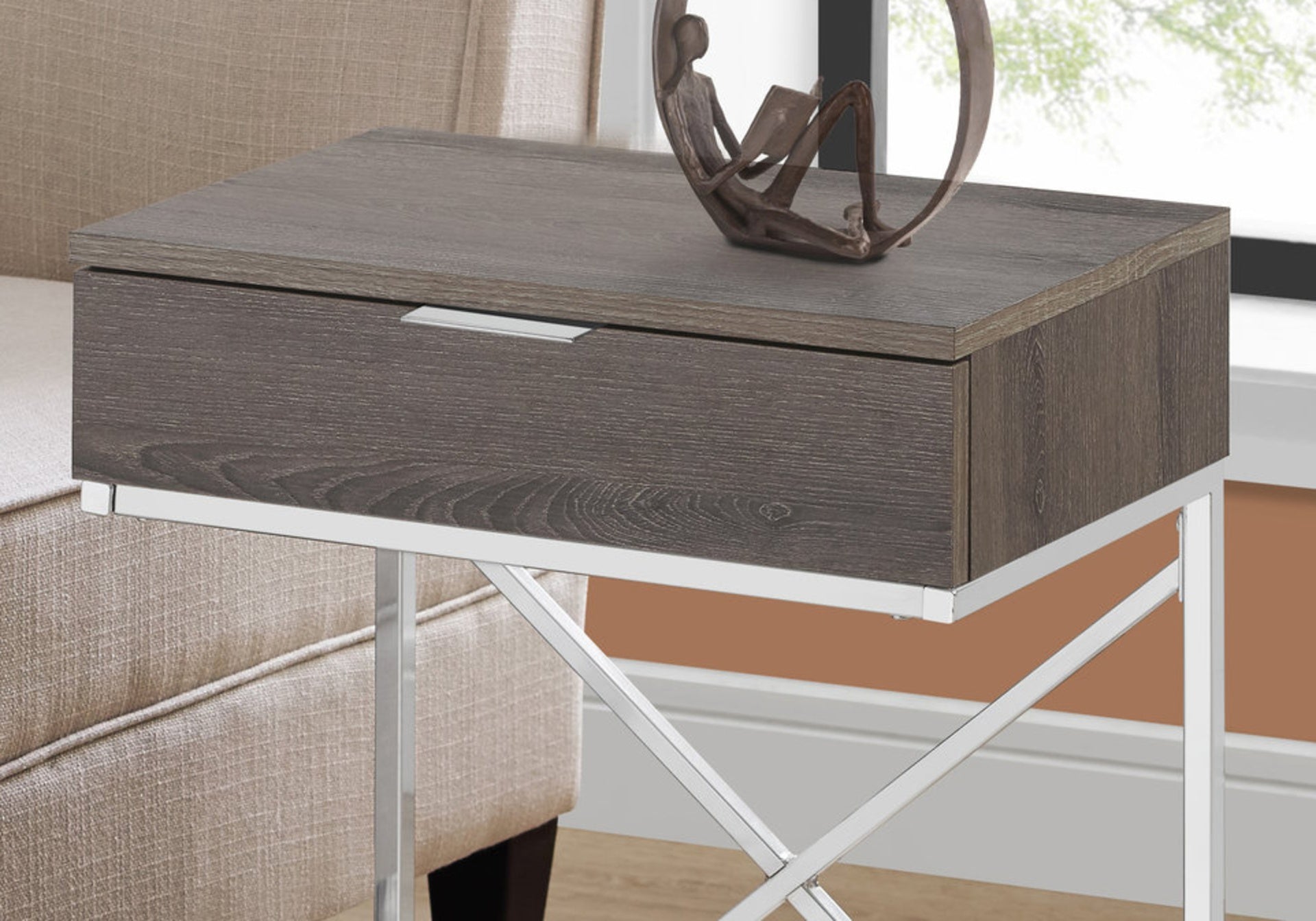 Accent Table, Side, End, Nightstand, Lamp, Storage Drawer, Living Room, Bedroom, Brown Laminate, Chrome Metal, Contemporary, Modern