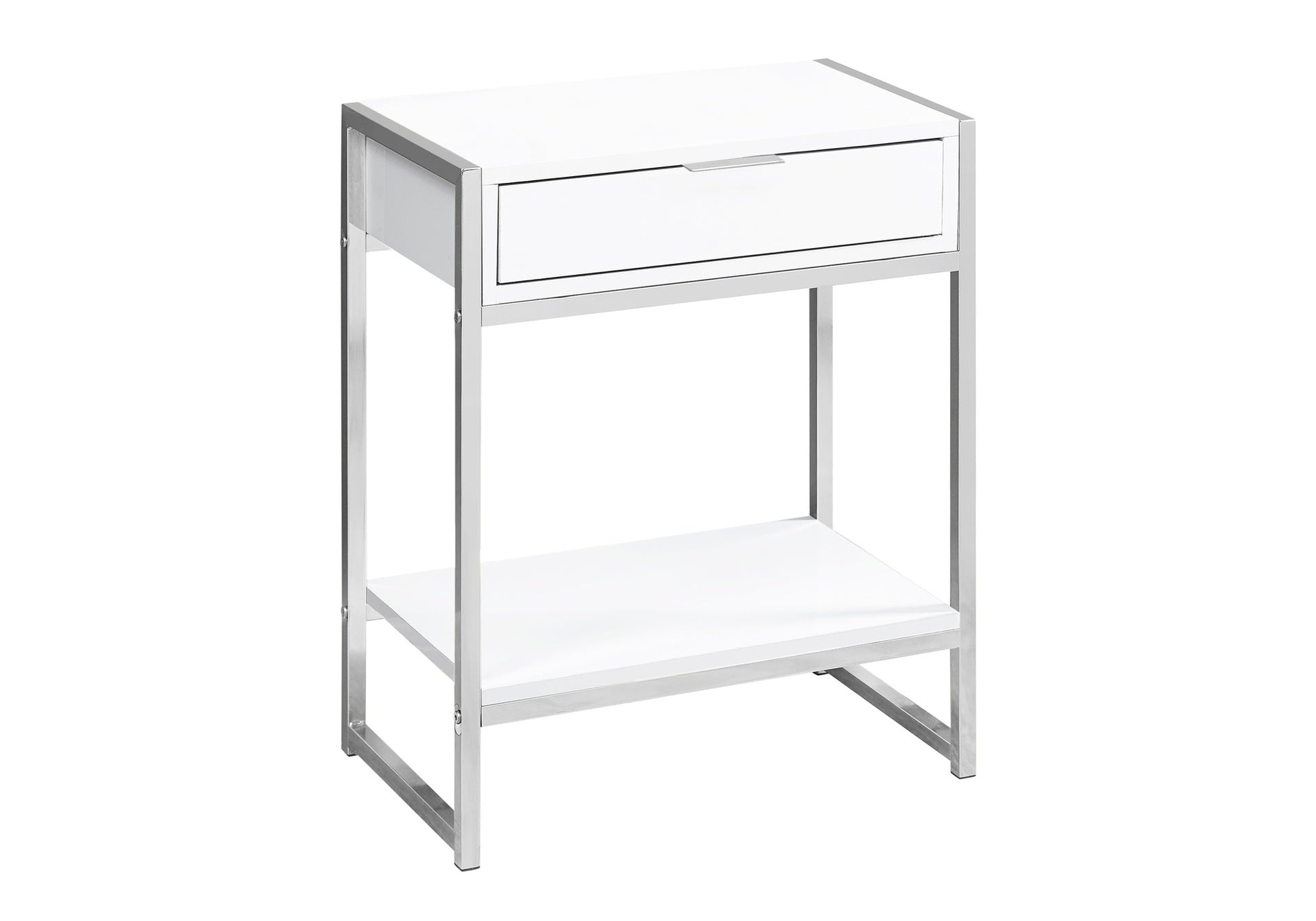 Accent Table, Side, End, Nightstand, Lamp, Storage Drawer, Living Room, Bedroom, Glossy White Laminate, Chrome Metal, Contemporary, Modern