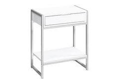 Accent Table, Side, End, Nightstand, Lamp, Storage Drawer, Living Room, Bedroom, Glossy White Laminate, Chrome Metal, Contemporary, Modern