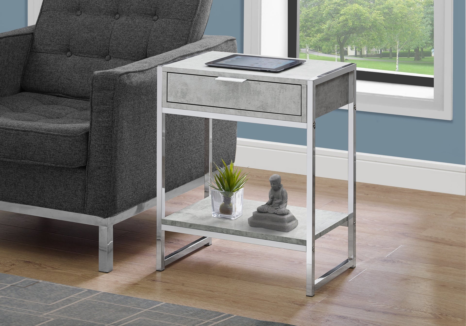 Accent Table, Side, End, Nightstand, Lamp, Storage Drawer, Living Room, Bedroom, Grey Laminate, Chrome Metal, Contemporary, Modern