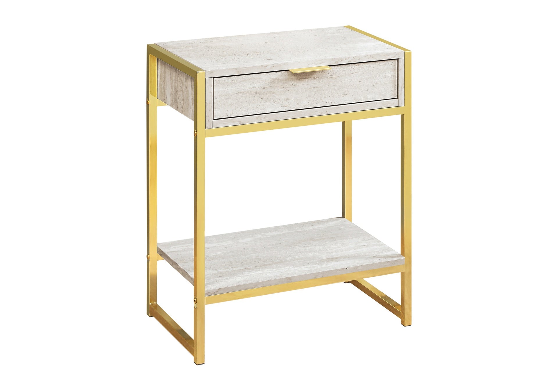 Accent Table, Side, End, Nightstand, Lamp, Storage Drawer, Living Room, Bedroom, Beige Marble Look Laminate, Gold Metal, Contemporary, Modern