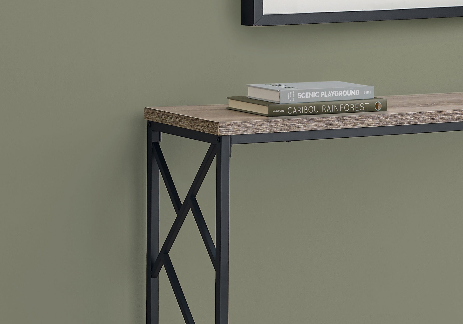 Accent Table, Console, Entryway, Narrow, Sofa, Living Room, Bedroom, Brown Laminate, Black Metal, Contemporary, Modern