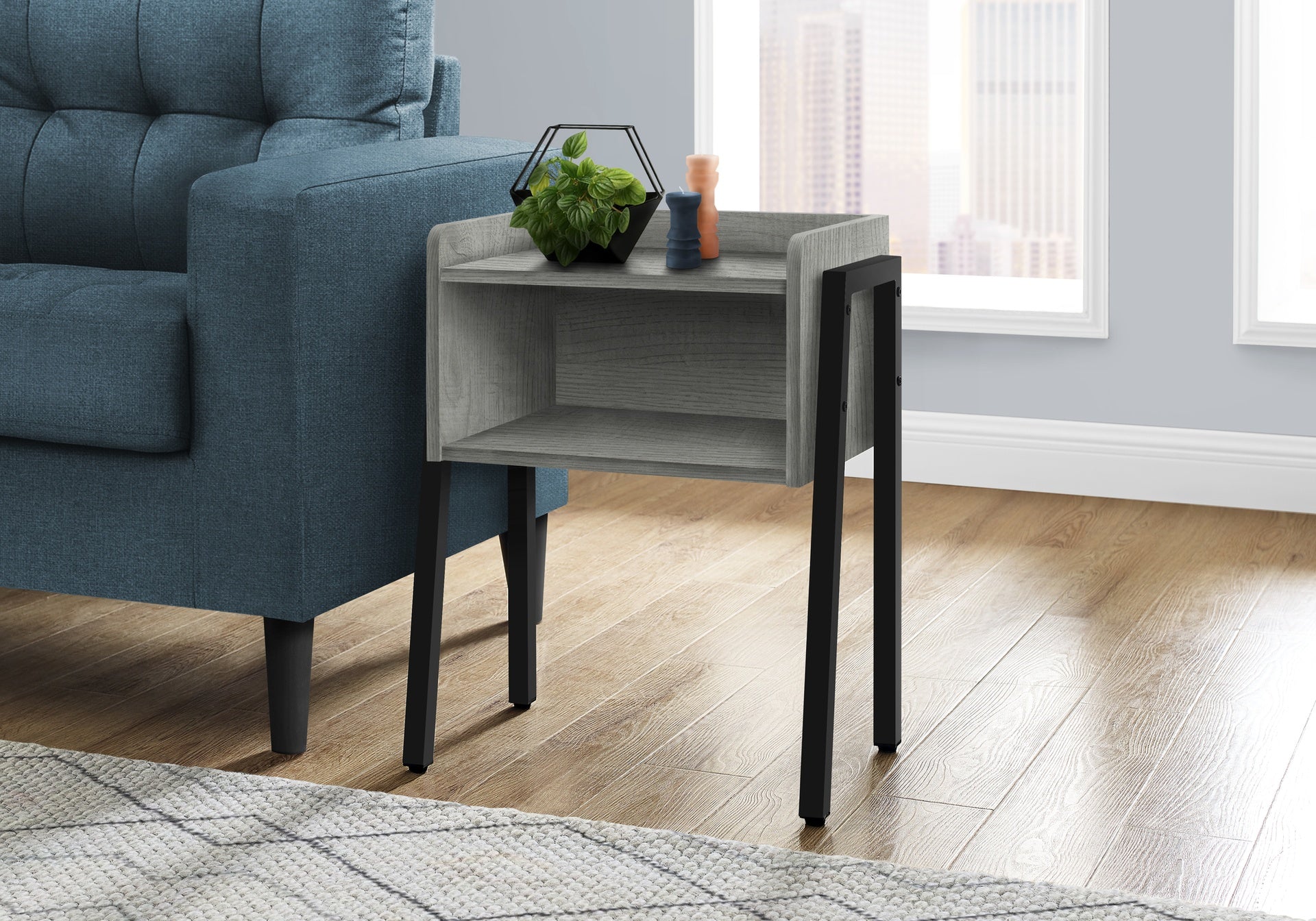 Accent Table, Side, End, Nightstand, Lamp, Living Room, Bedroom, Grey Laminate, Black Metal, Contemporary, Modern
