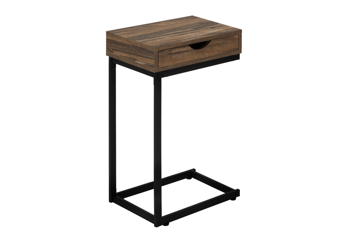 Accent Table, C-shaped, End, Side, Snack, Storage Drawer, Living Room, Bedroom, Brown Laminate, Black Metal, Contemporary, Modern