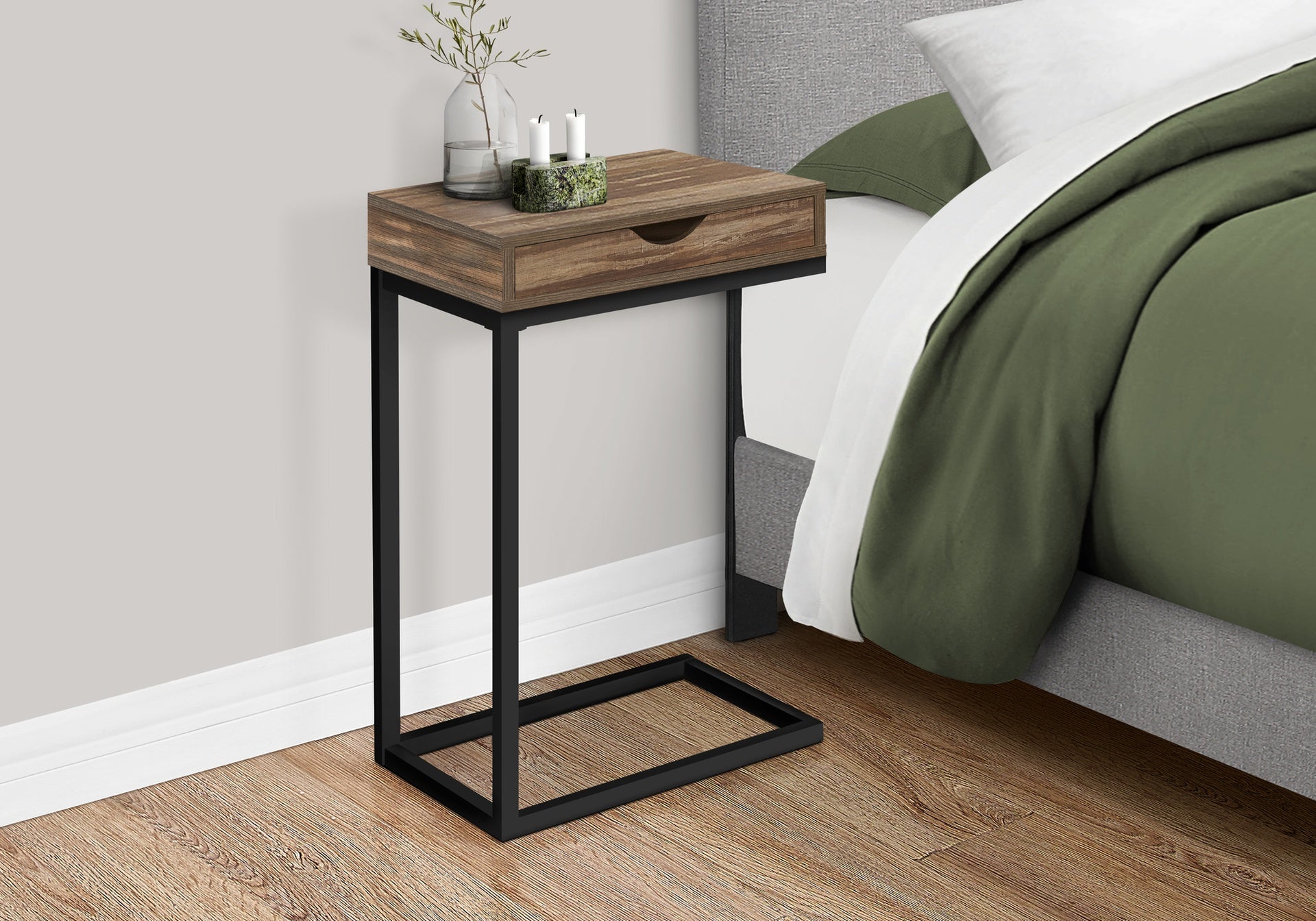 Accent Table, C-shaped, End, Side, Snack, Storage Drawer, Living Room, Bedroom, Brown Laminate, Black Metal, Contemporary, Modern