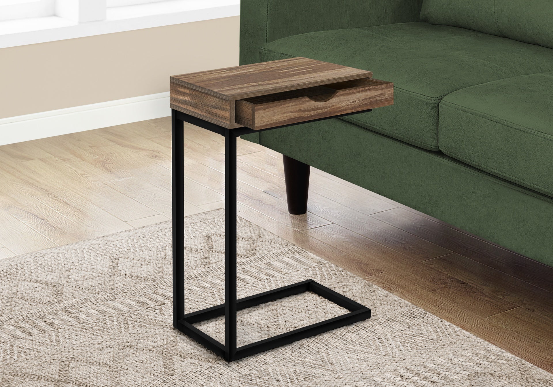 Accent Table, C-shaped, End, Side, Snack, Storage Drawer, Living Room, Bedroom, Brown Laminate, Black Metal, Contemporary, Modern
