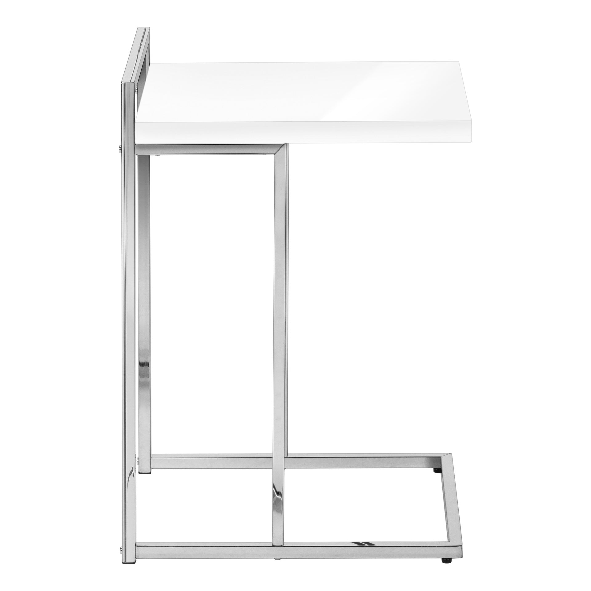 Accent Table, C-shaped, End, Side, Snack, Living Room, Bedroom, Glossy White Laminate, Chrome Metal, Contemporary, Modern