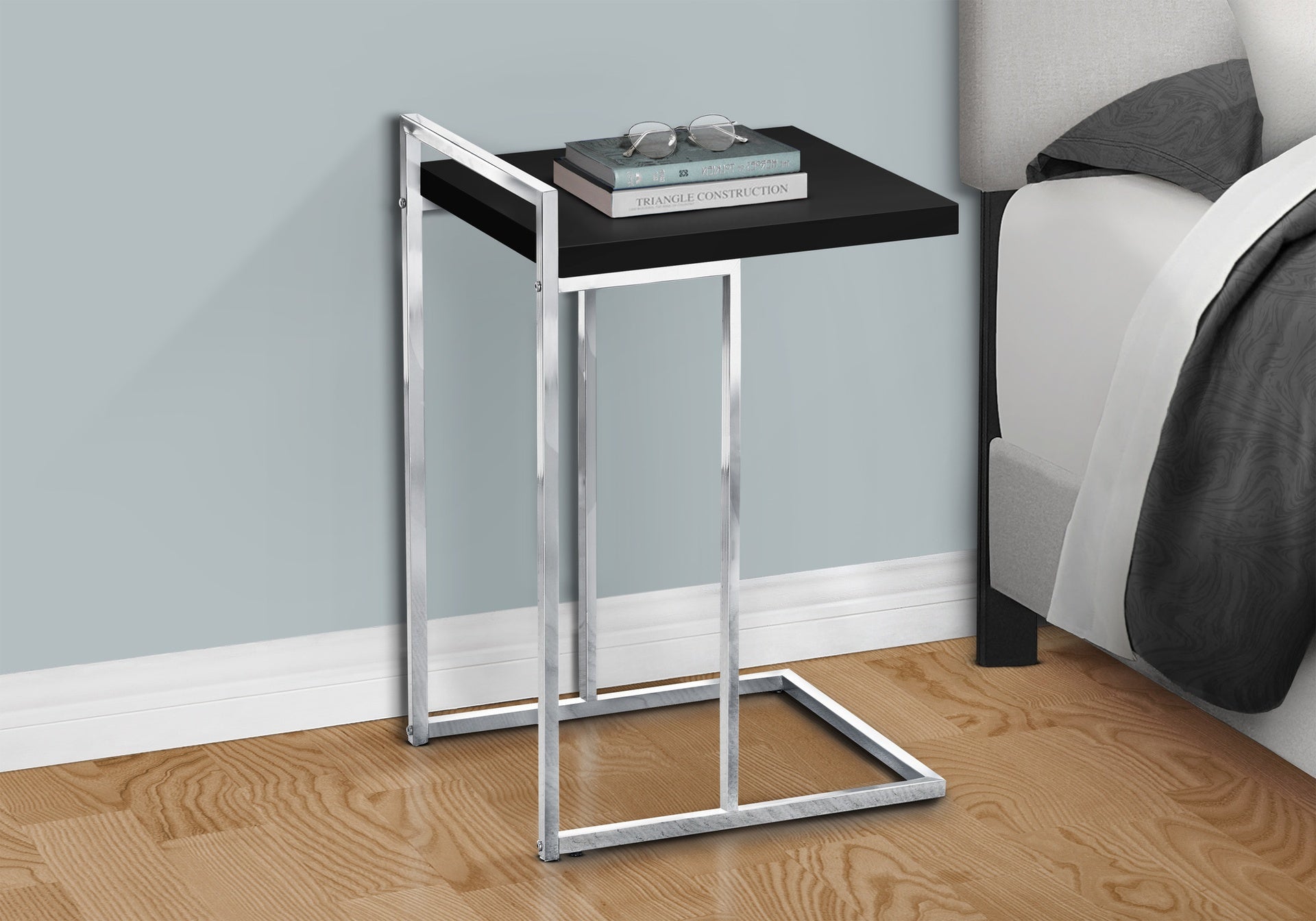 Accent Table, C-shaped, End, Side, Snack, Living Room, Bedroom, Black Laminate, Chrome Metal, Contemporary, Modern