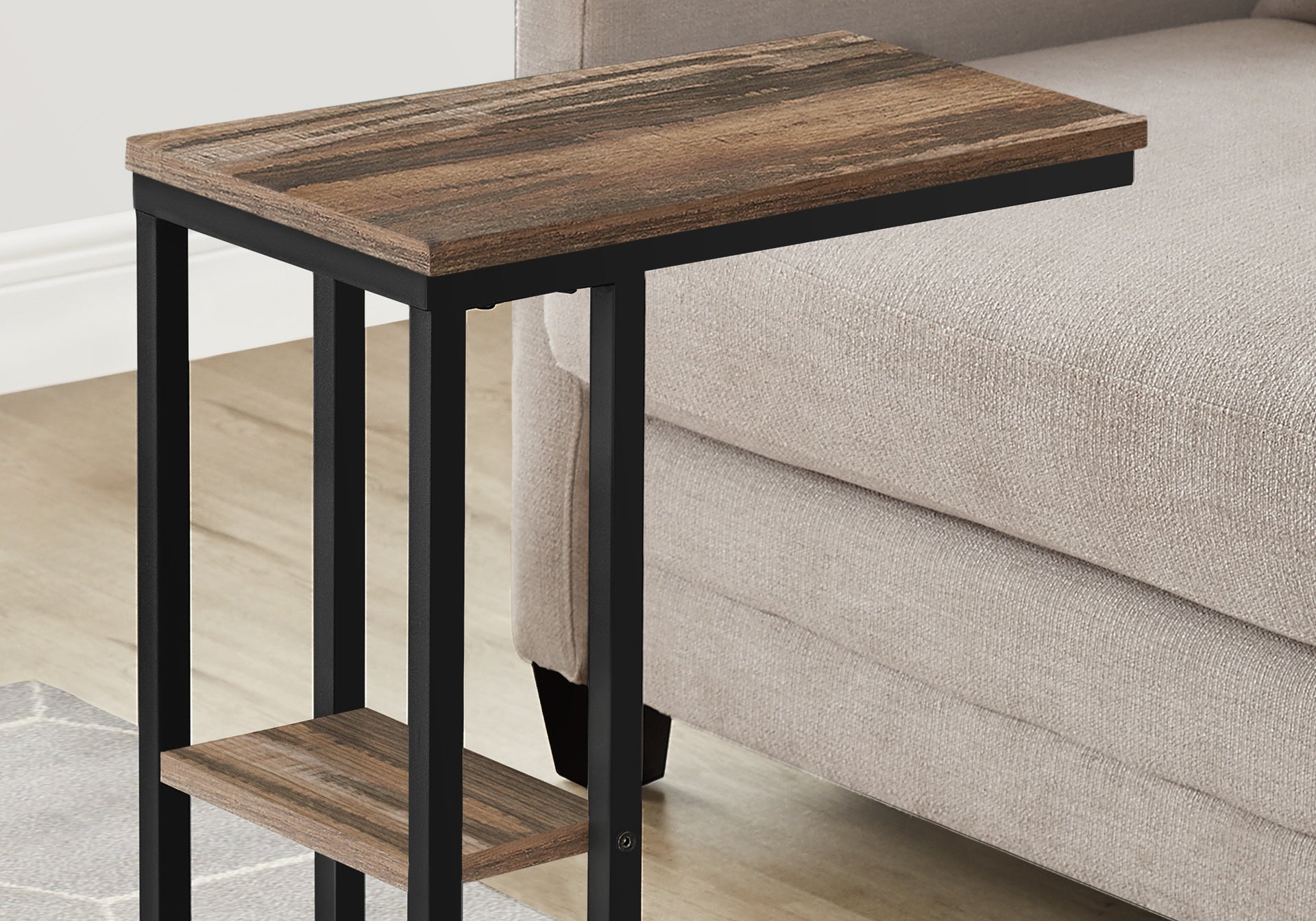 Accent Table, C-shaped, End, Side, Snack, Living Room, Bedroom, Brown Laminate, Black Metal, Contemporary, Modern