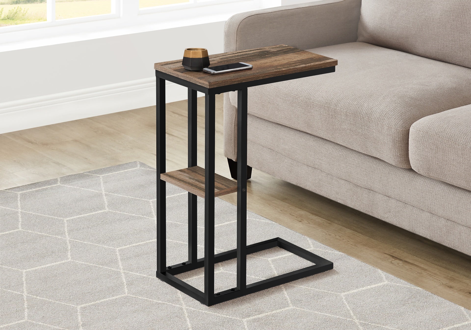 Accent Table, C-shaped, End, Side, Snack, Living Room, Bedroom, Brown Laminate, Black Metal, Contemporary, Modern