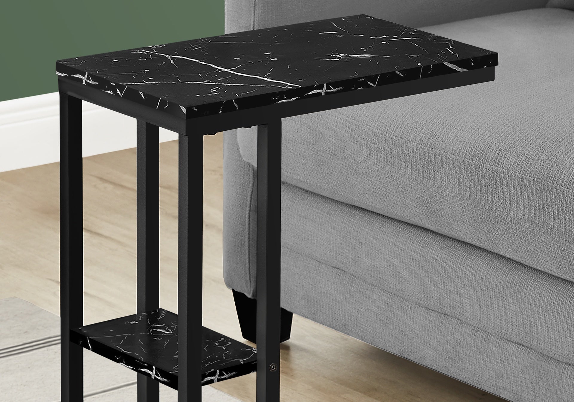 Accent Table, C-shaped, End, Side, Snack, Living Room, Bedroom, Black Marble Look Laminate, Black Metal, Contemporary, Modern