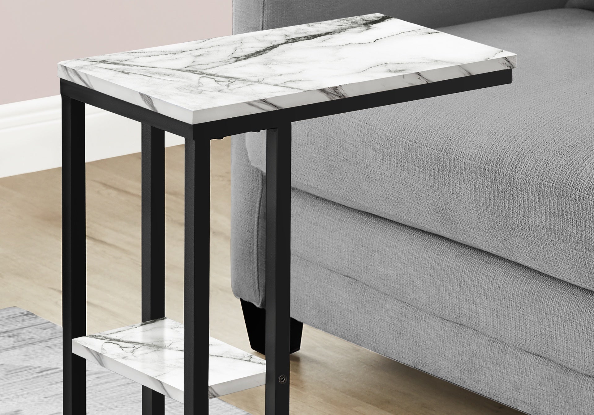Accent Table, C-shaped, End, Side, Snack, Living Room, Bedroom, White Marble Look Laminate, Black Metal, Contemporary, Modern