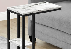 Accent Table, C-shaped, End, Side, Snack, Living Room, Bedroom, White Marble Look Laminate, Black Metal, Contemporary, Modern