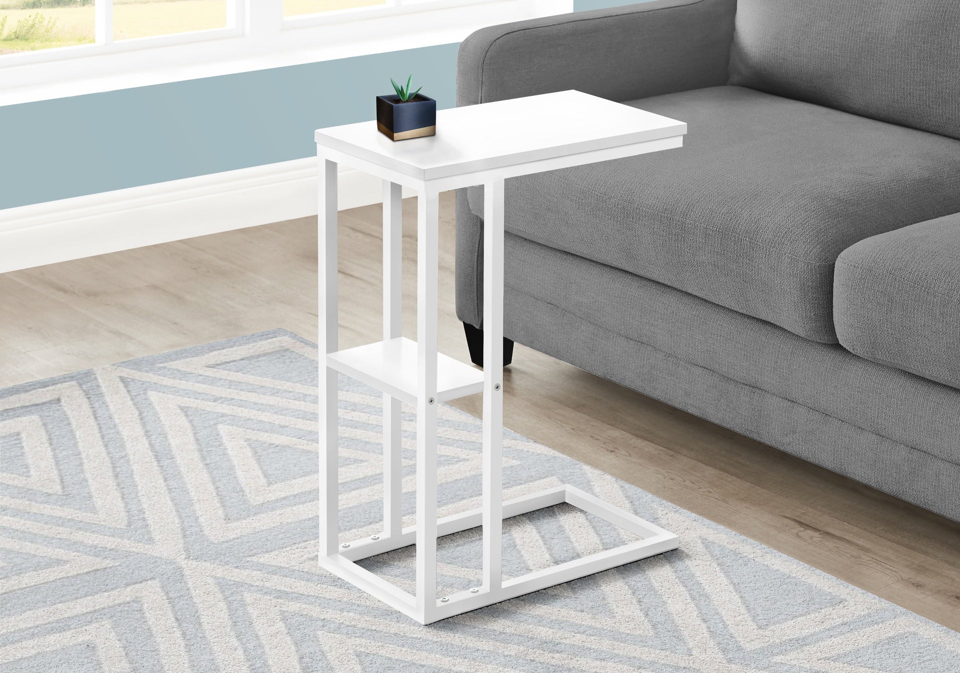Accent Table, C-shaped, End, Side, Snack, Living Room, Bedroom, White Laminate, White Metal, Contemporary, Modern