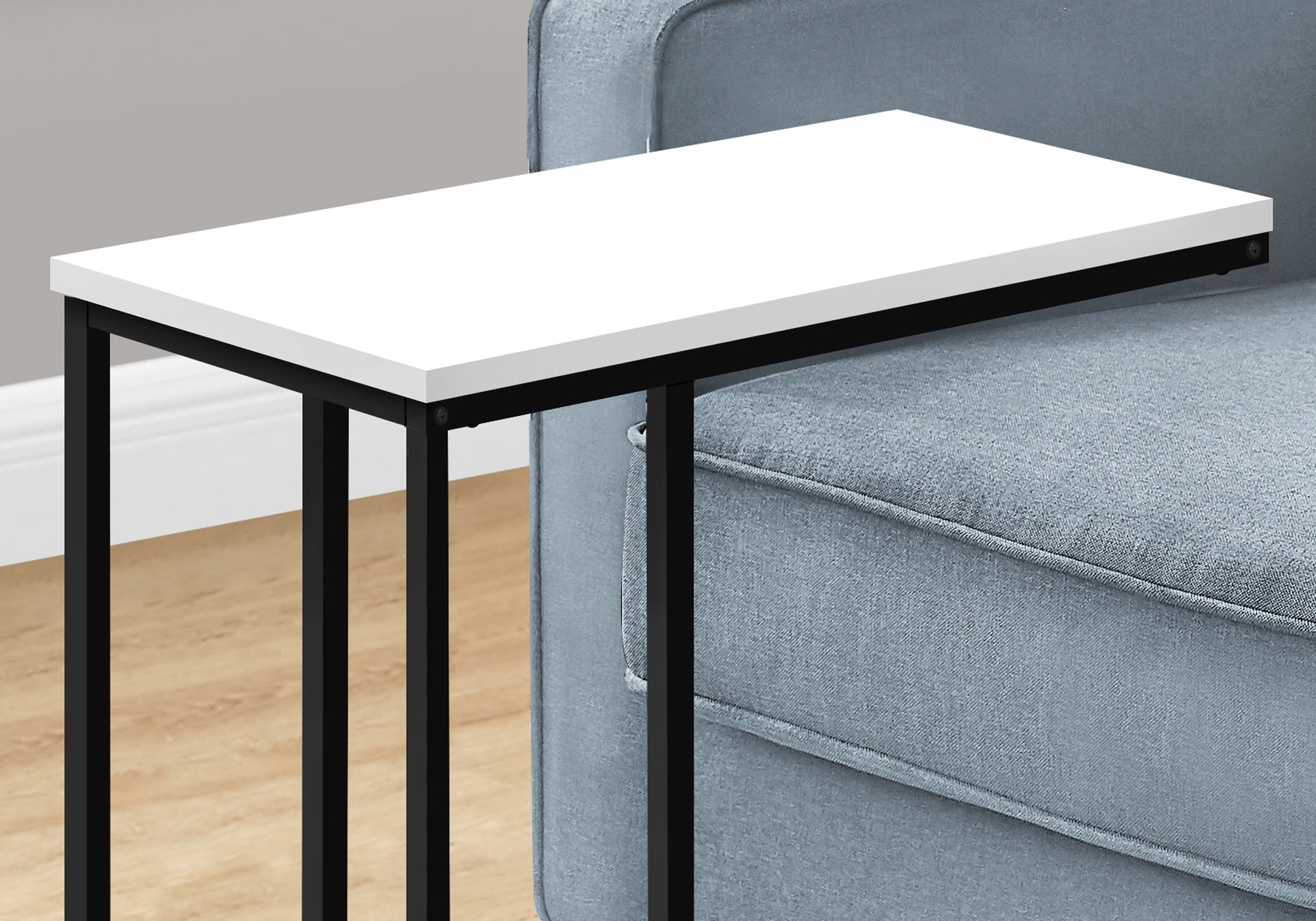 Accent Table, C-shaped, End, Side, Snack, Living Room, Bedroom, White Laminate, Black Metal, Contemporary, Modern
