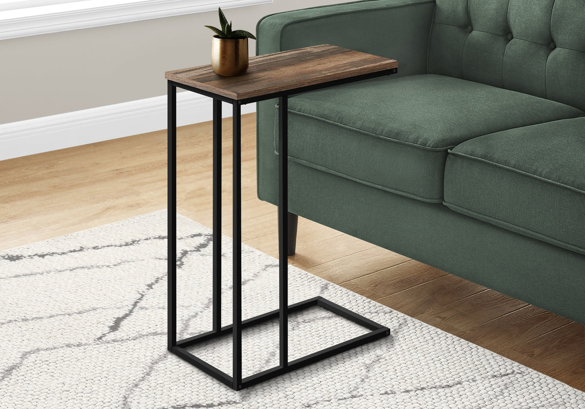 Accent Table, C-shaped, End, Side, Snack, Living Room, Bedroom, Brown Laminate, Black Metal, Contemporary, Modern