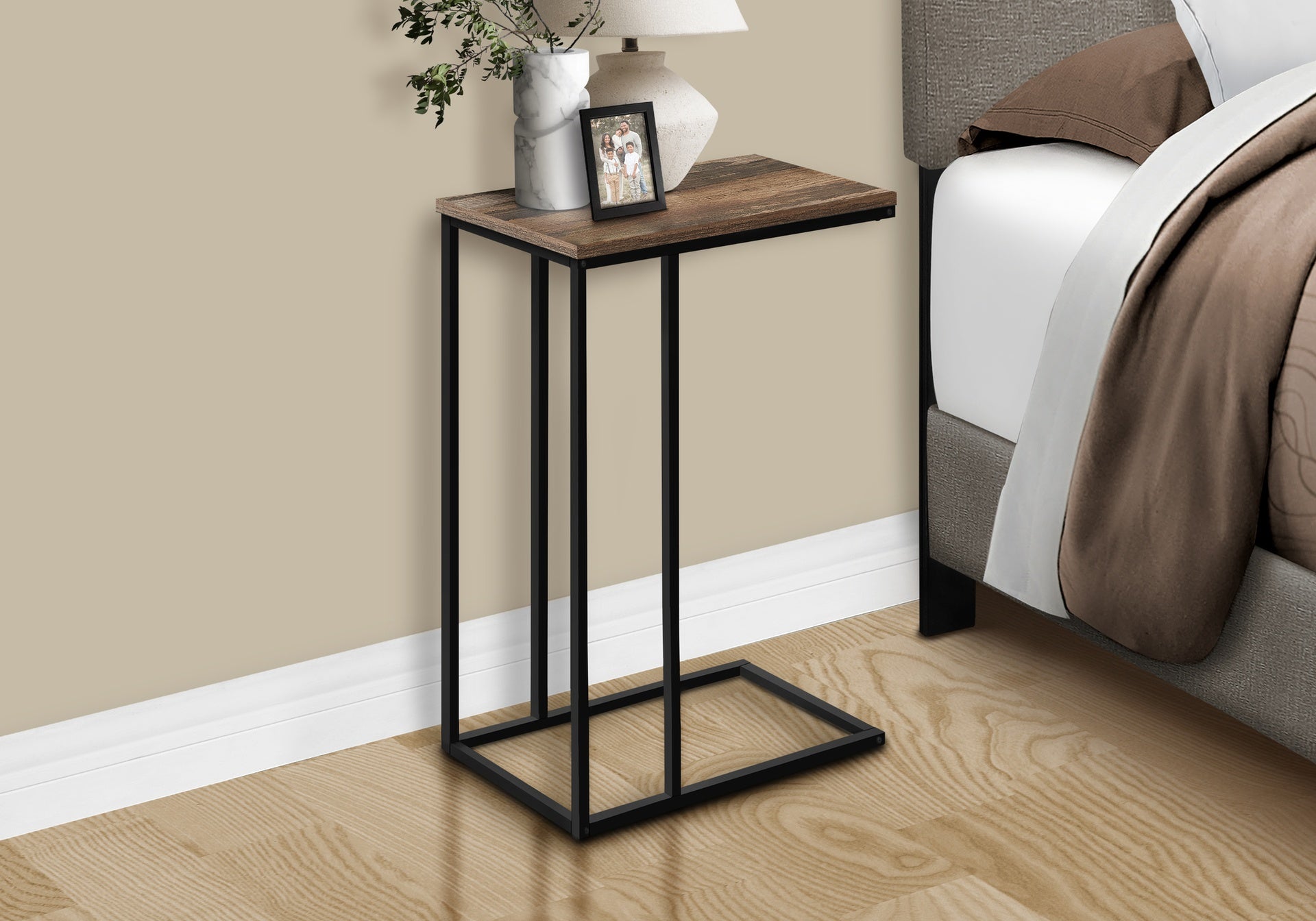 Accent Table, C-shaped, End, Side, Snack, Living Room, Bedroom, Brown Laminate, Black Metal, Contemporary, Modern