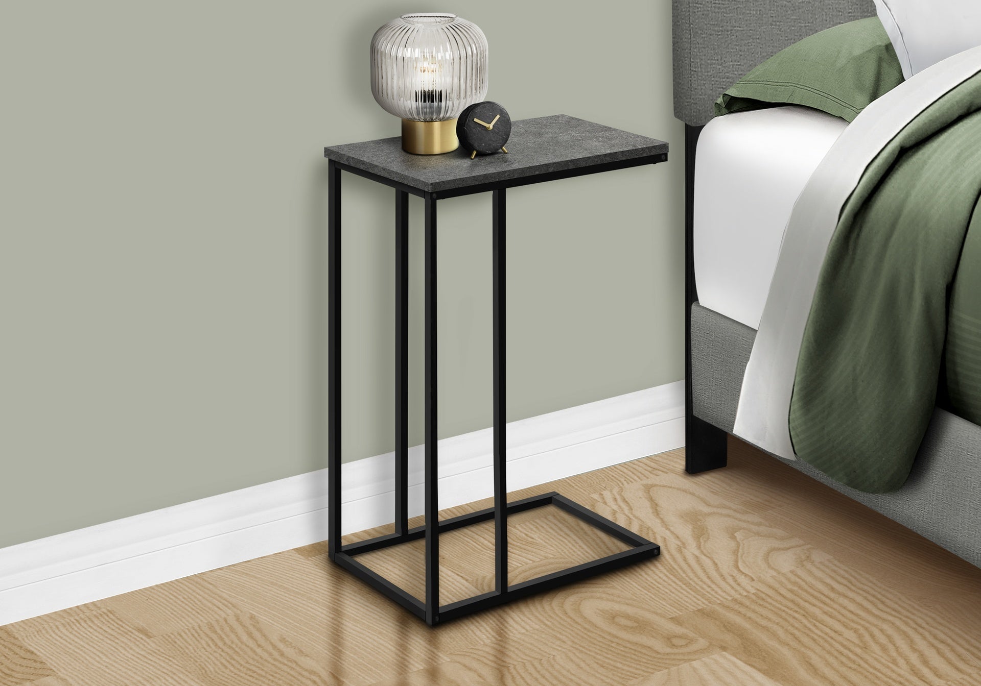 Accent Table, C-shaped, End, Side, Snack, Living Room, Bedroom, Grey Laminate, Black Metal, Contemporary, Modern