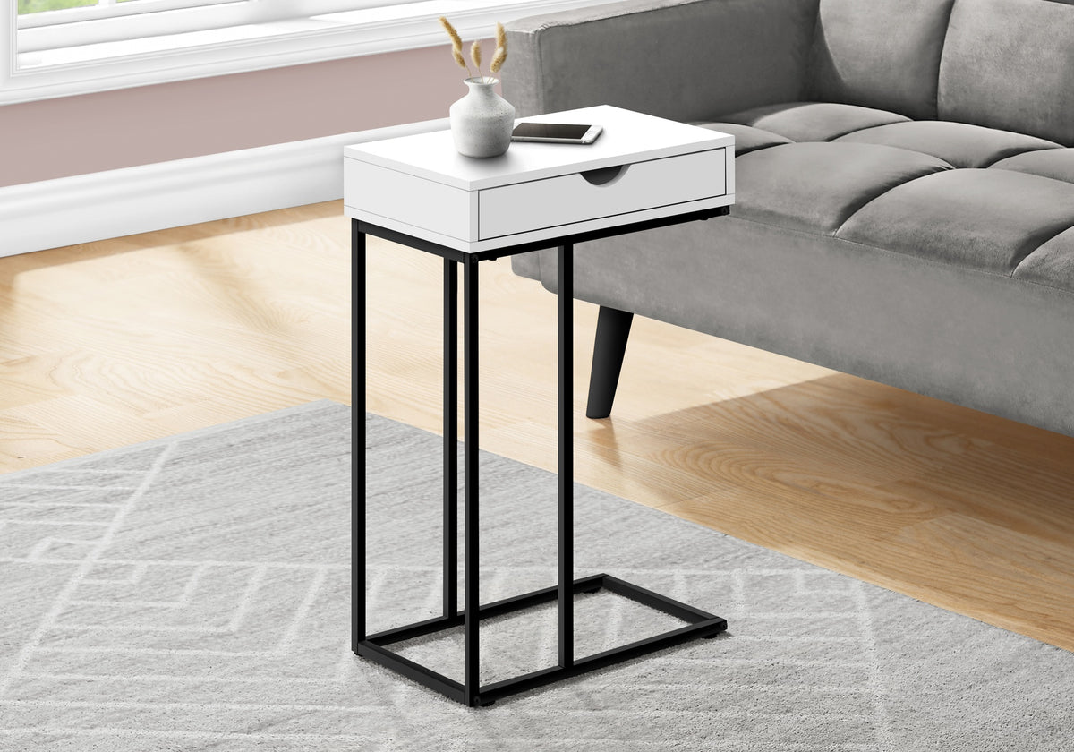 Accent Table, C-shaped, End, Side, Snack, Storage Drawer, Living Room, Bedroom, White Laminate, Black Metal, Contemporary, Modern