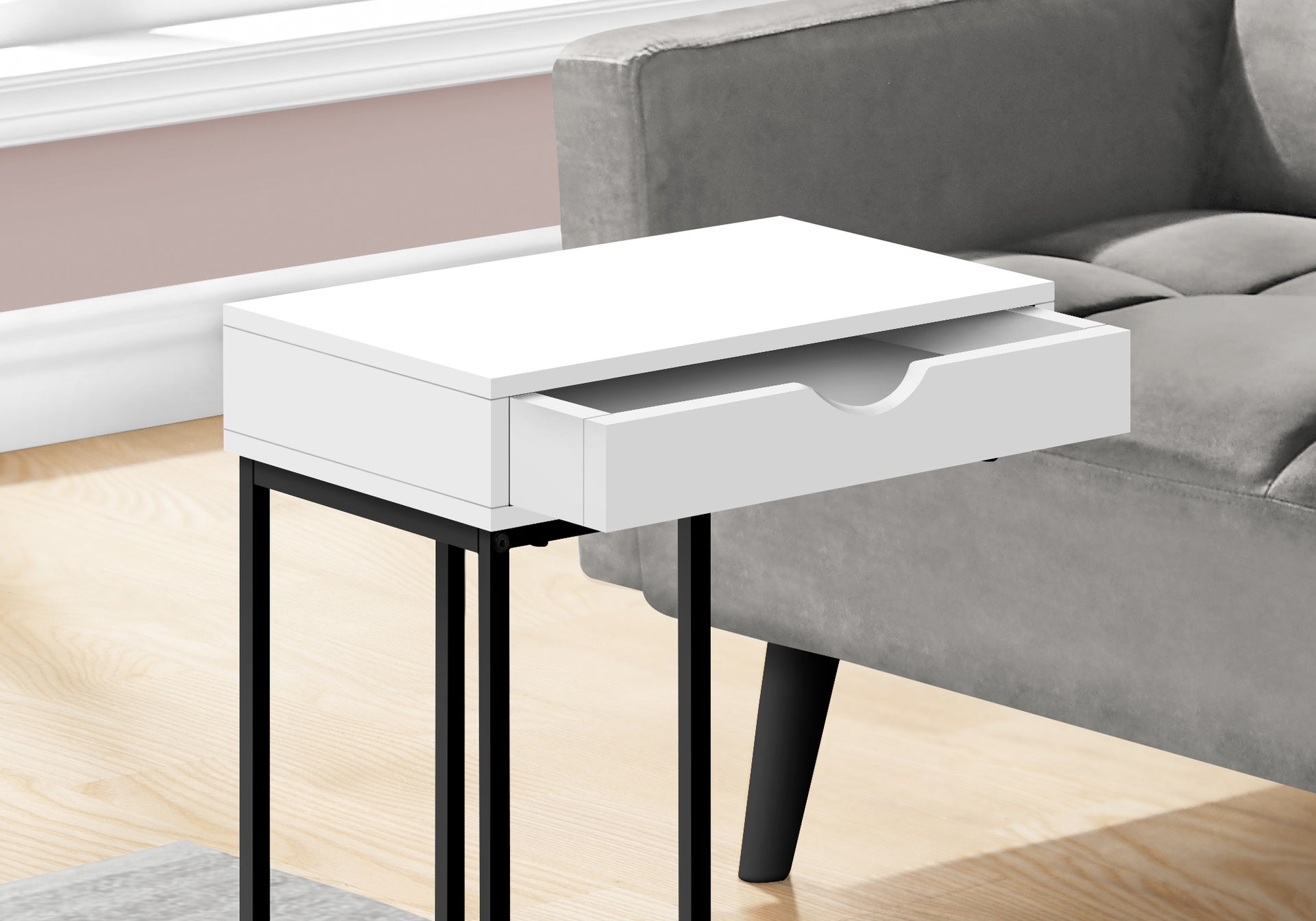 Accent Table, C-shaped, End, Side, Snack, Storage Drawer, Living Room, Bedroom, White Laminate, Black Metal, Contemporary, Modern
