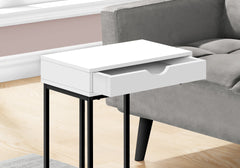 Accent Table, C-shaped, End, Side, Snack, Storage Drawer, Living Room, Bedroom, White Laminate, Black Metal, Contemporary, Modern