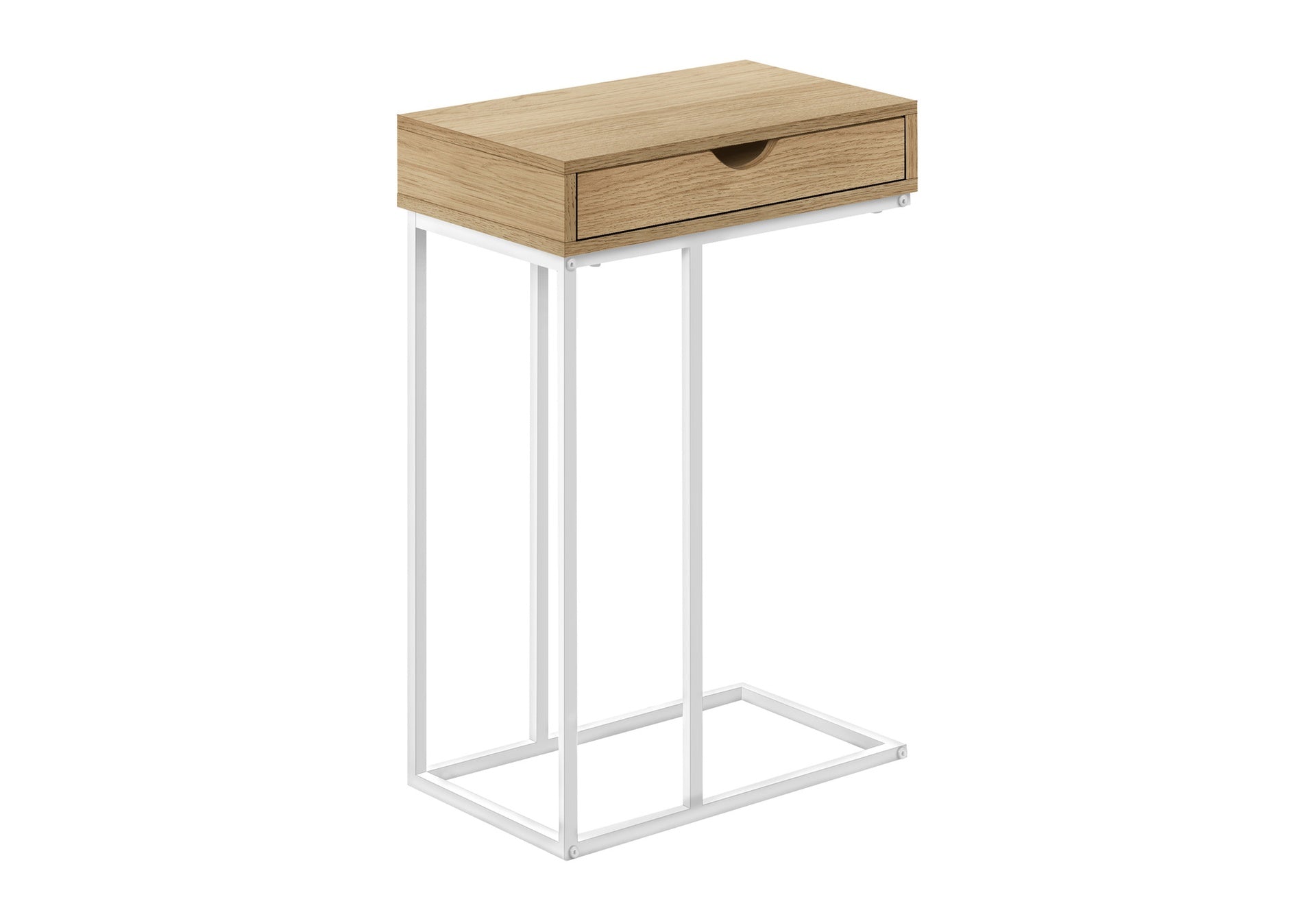 Accent Table, C-shaped, End, Side, Snack, Storage Drawer, Living Room, Bedroom, Natural Laminate, White Metal, Contemporary, Modern