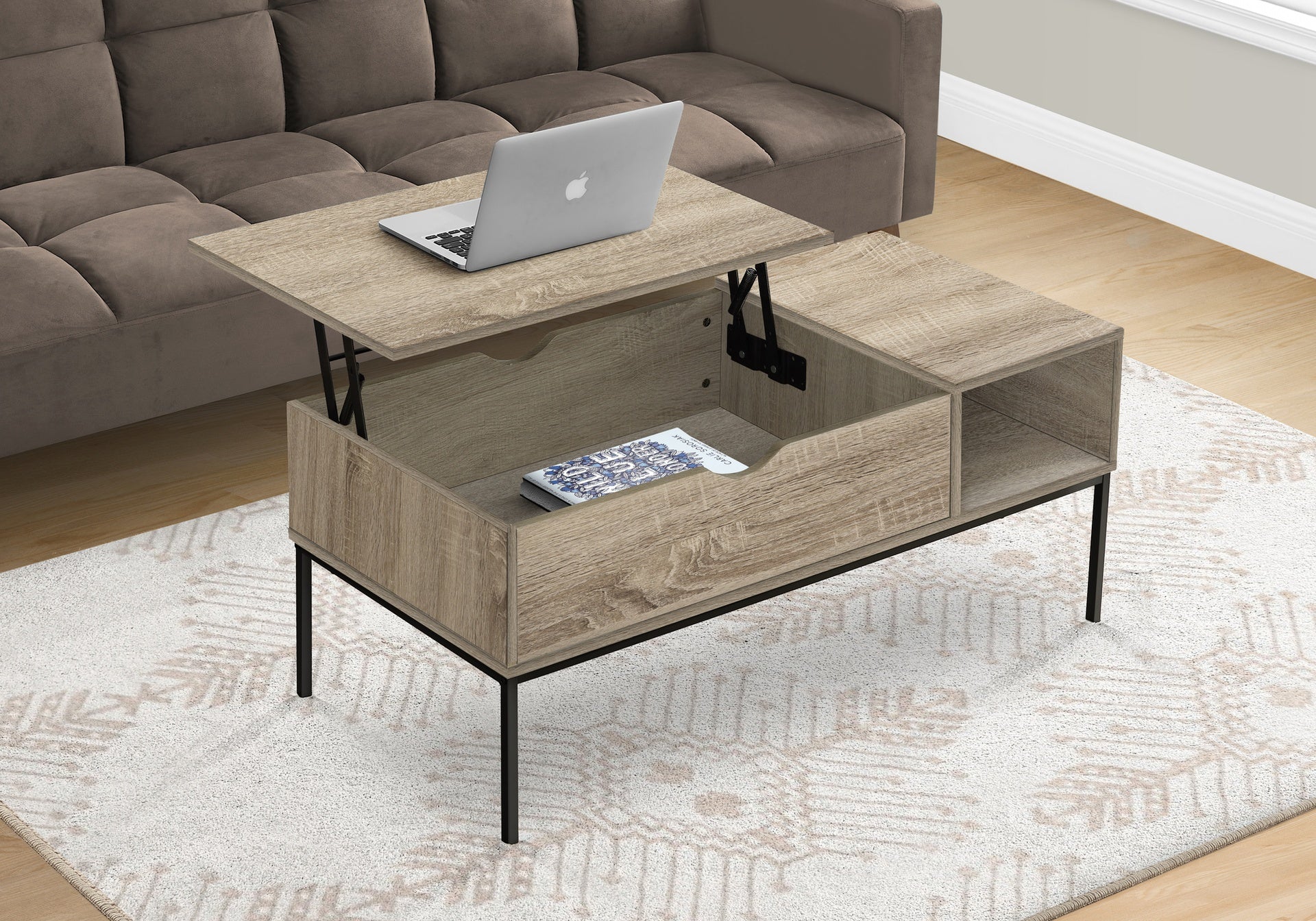 Coffee Table, 42" L, Rectangular, Cocktail, Lift-top, Dark Taupe, Black Metal, Contemporary, Modern