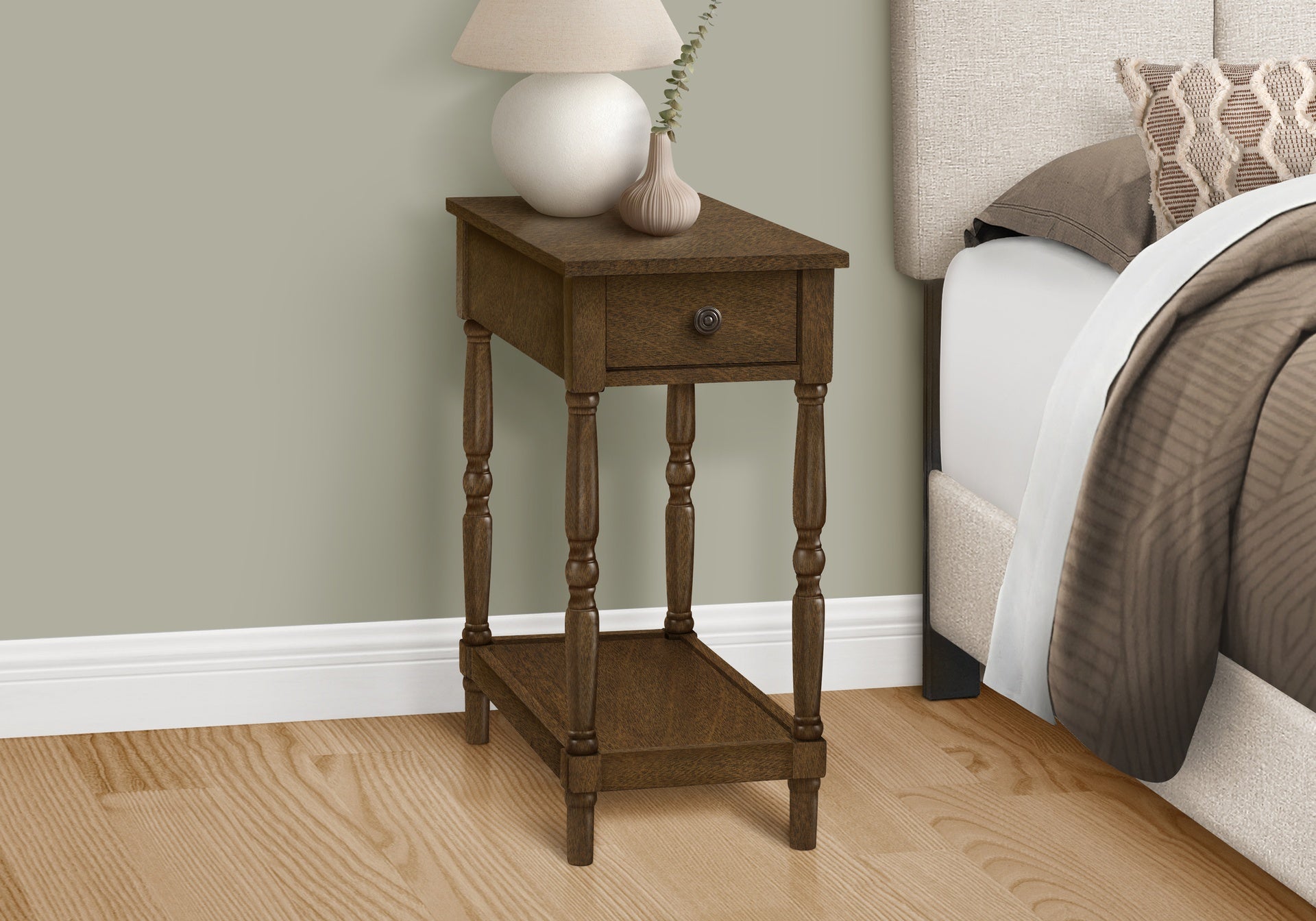 Accent Table, 2 Tier, End, Side Table, Nightstand, Bedroom, Narrow, Lamp, Storage Drawer, Brown Veneer, Traditional