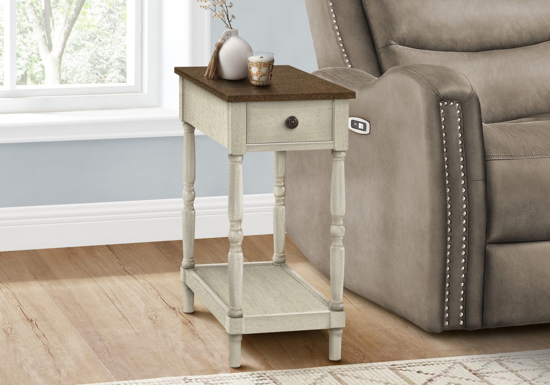 Accent Table, 2 Tier, End, Side Table, Nightstand, Bedroom, Narrow, Lamp, Storage Drawer, Brown Veneer, Antique White Veneer, Traditional