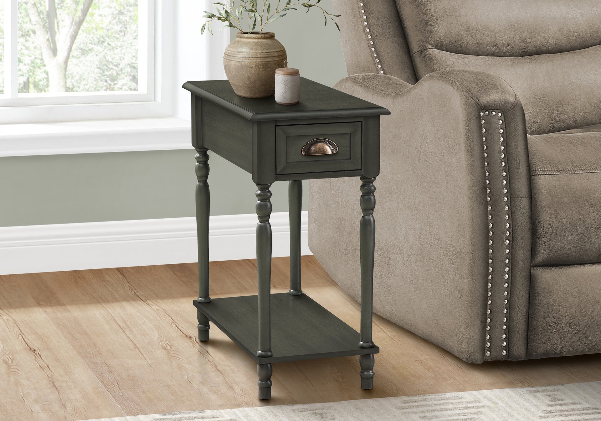 Accent Table, 2 Tier, Side Table, End, Narrow, Nightstand, Bedroom, Lamp, Storage Drawer, Green Veneer, Traditional