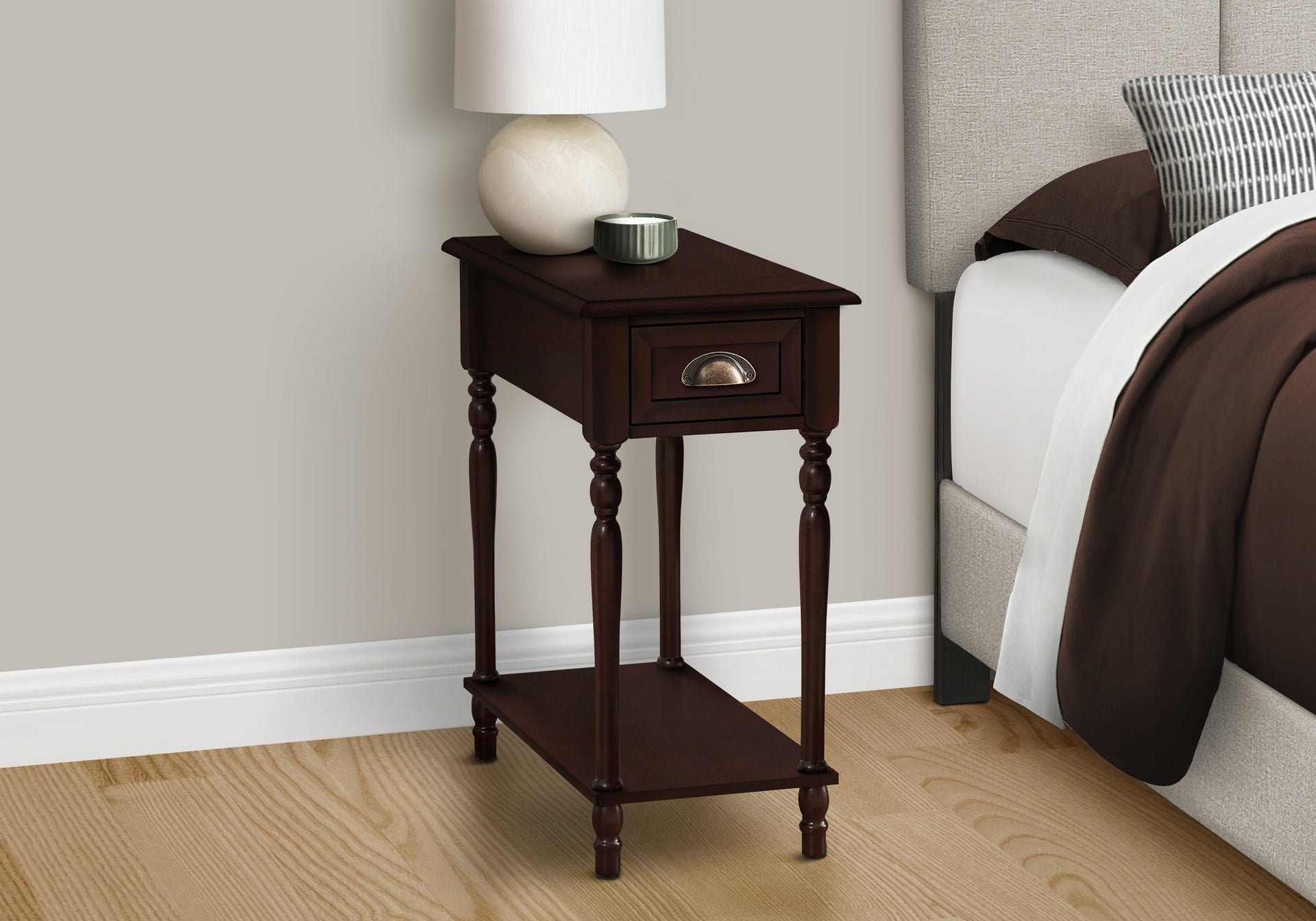 Accent Table, 2 Tier, Side Table, End, Narrow, Nightstand, Bedroom, Lamp, Storage Drawer, Brown Veneer, Traditional
