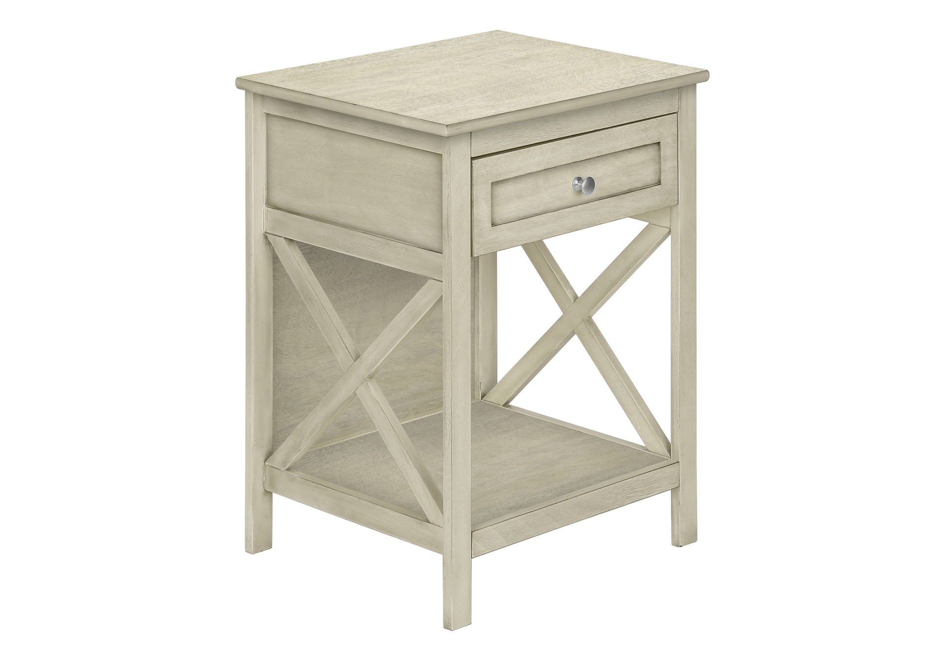 Accent Table, End, Side Table, 2 Tier, Bedroom, Nightstand, Lamp, Storage Drawer, Antique White Veneer, Transitional