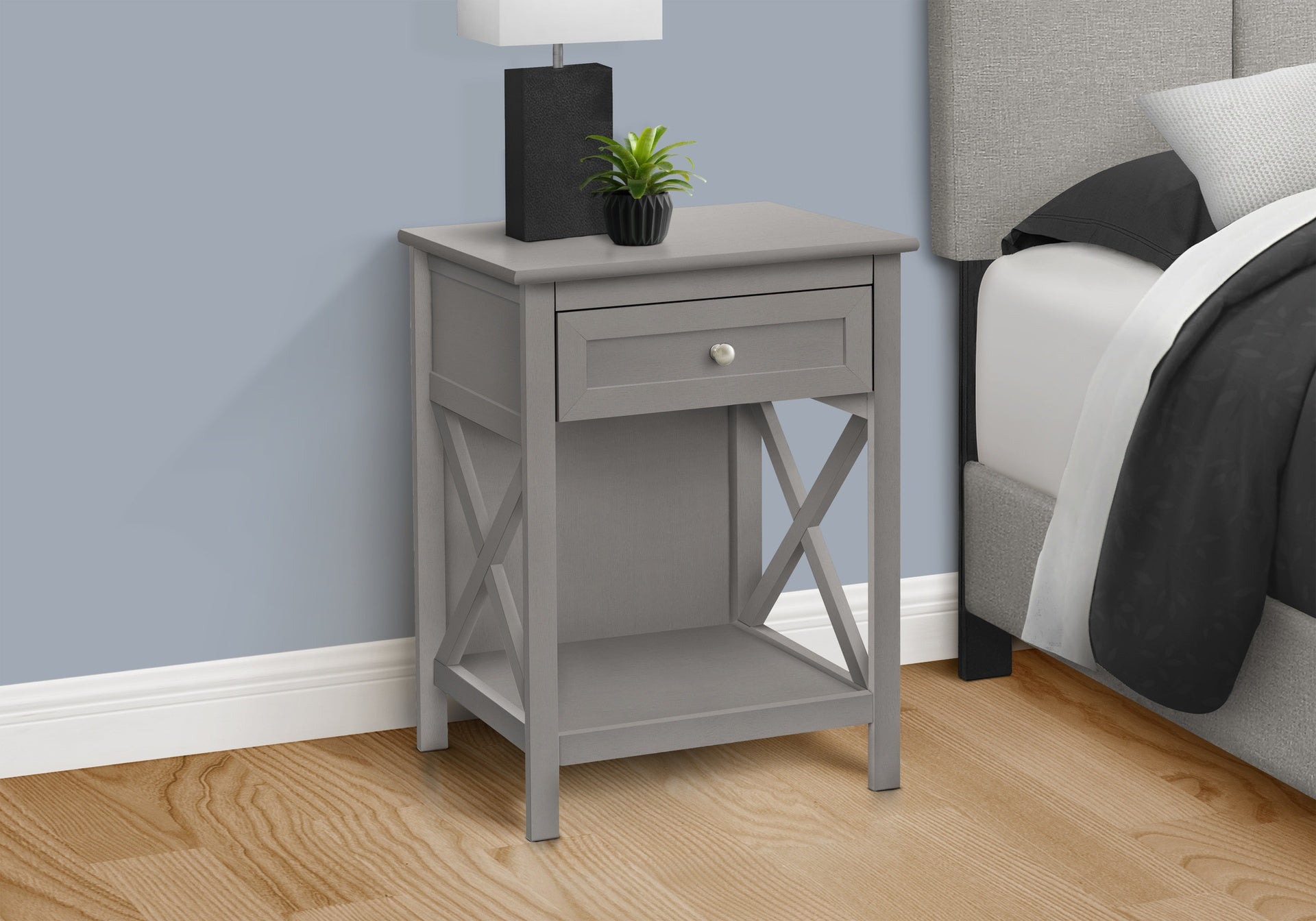 Accent Table, End, Side Table, 2 Tier, Bedroom, Nightstand, Lamp, Storage Drawer, Antique Grey Veneer, Transitional