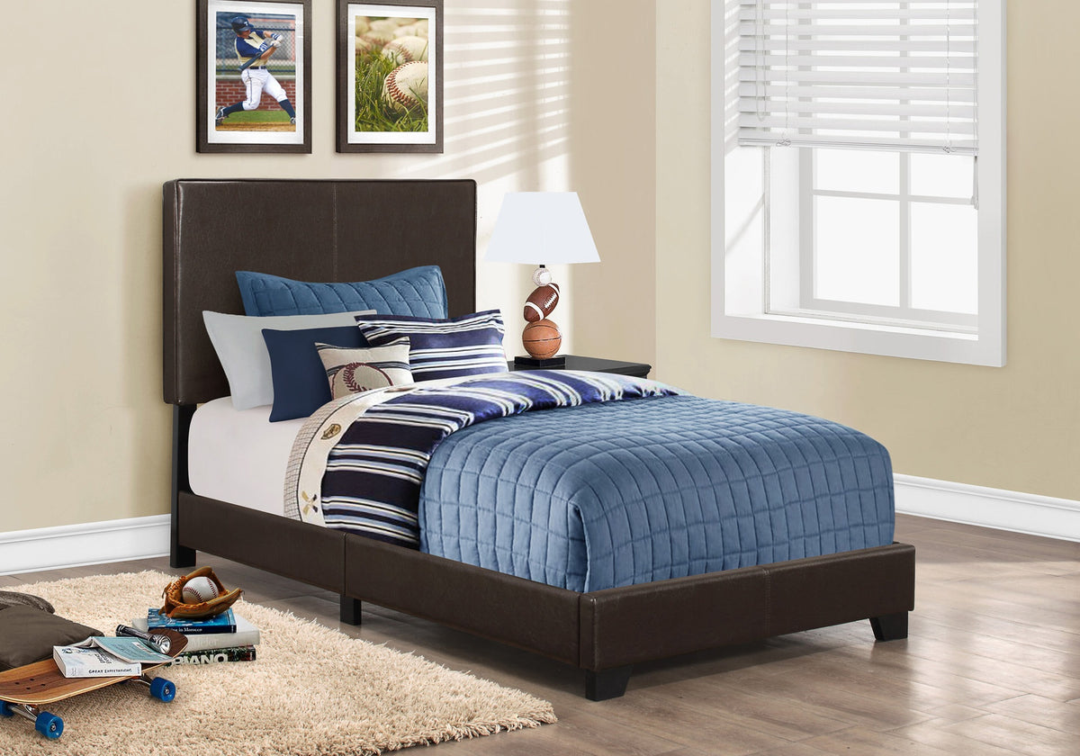 Bed, Twin Size, Bedroom, Upholstered, Brown Leather Look, Transitional