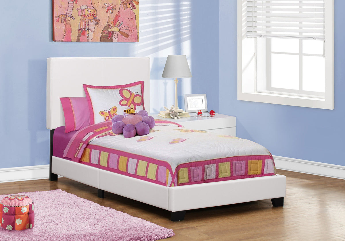Bed, Twin Size, Bedroom, Upholstered, White Leather Look, Transitional