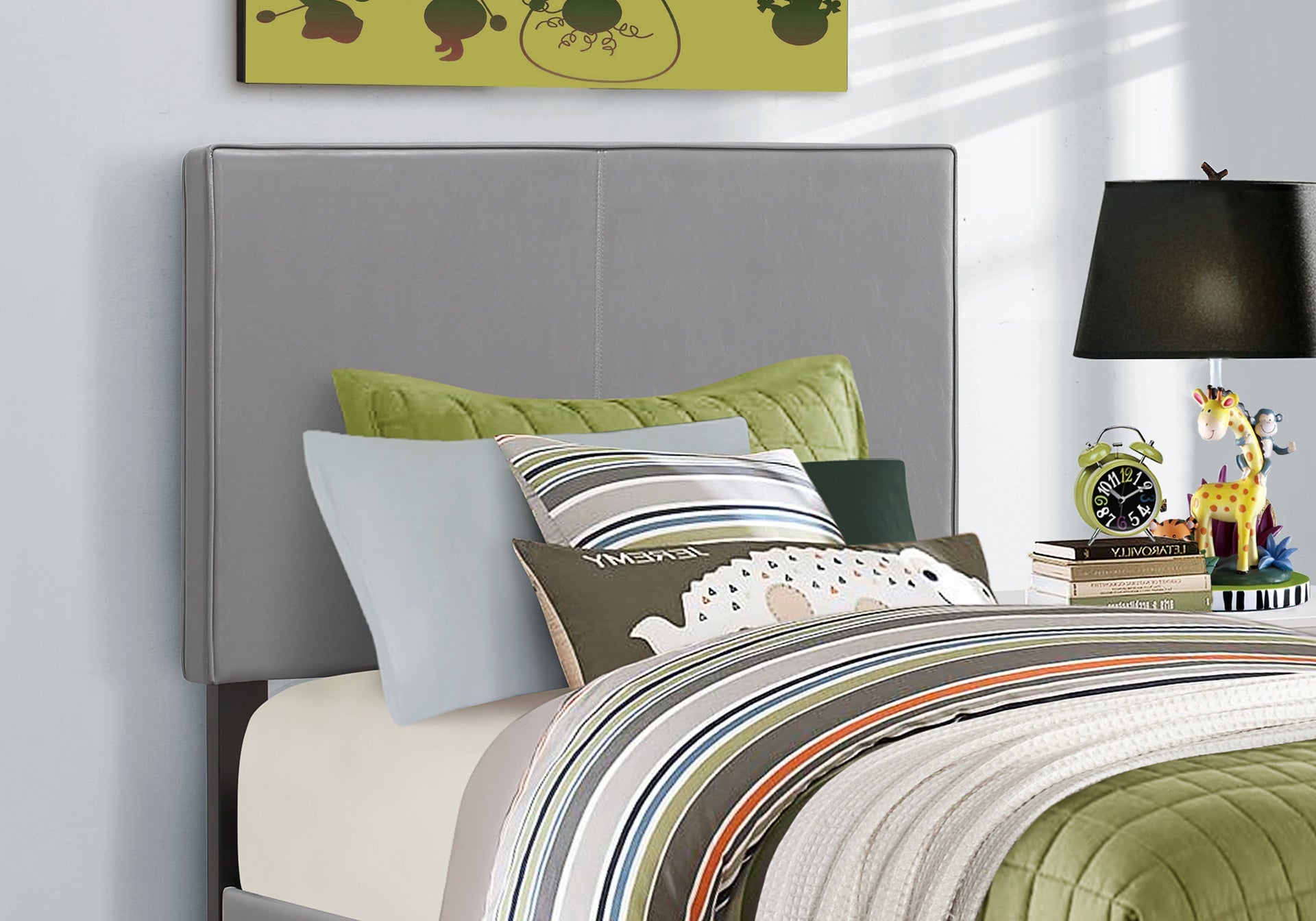 Bed, Twin Size, Bedroom, Upholstered, Grey Leather Look, Transitional