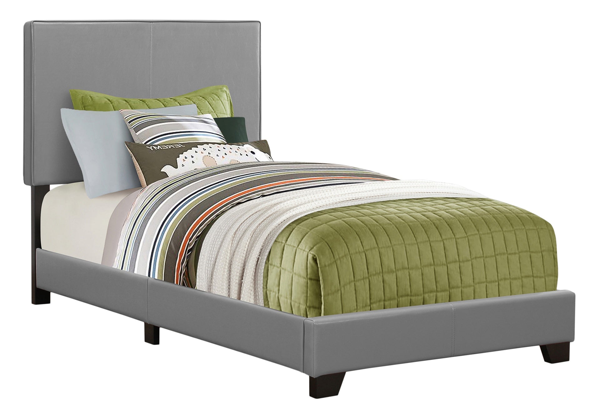 Bed, Twin Size, Bedroom, Upholstered, Grey Leather Look, Transitional
