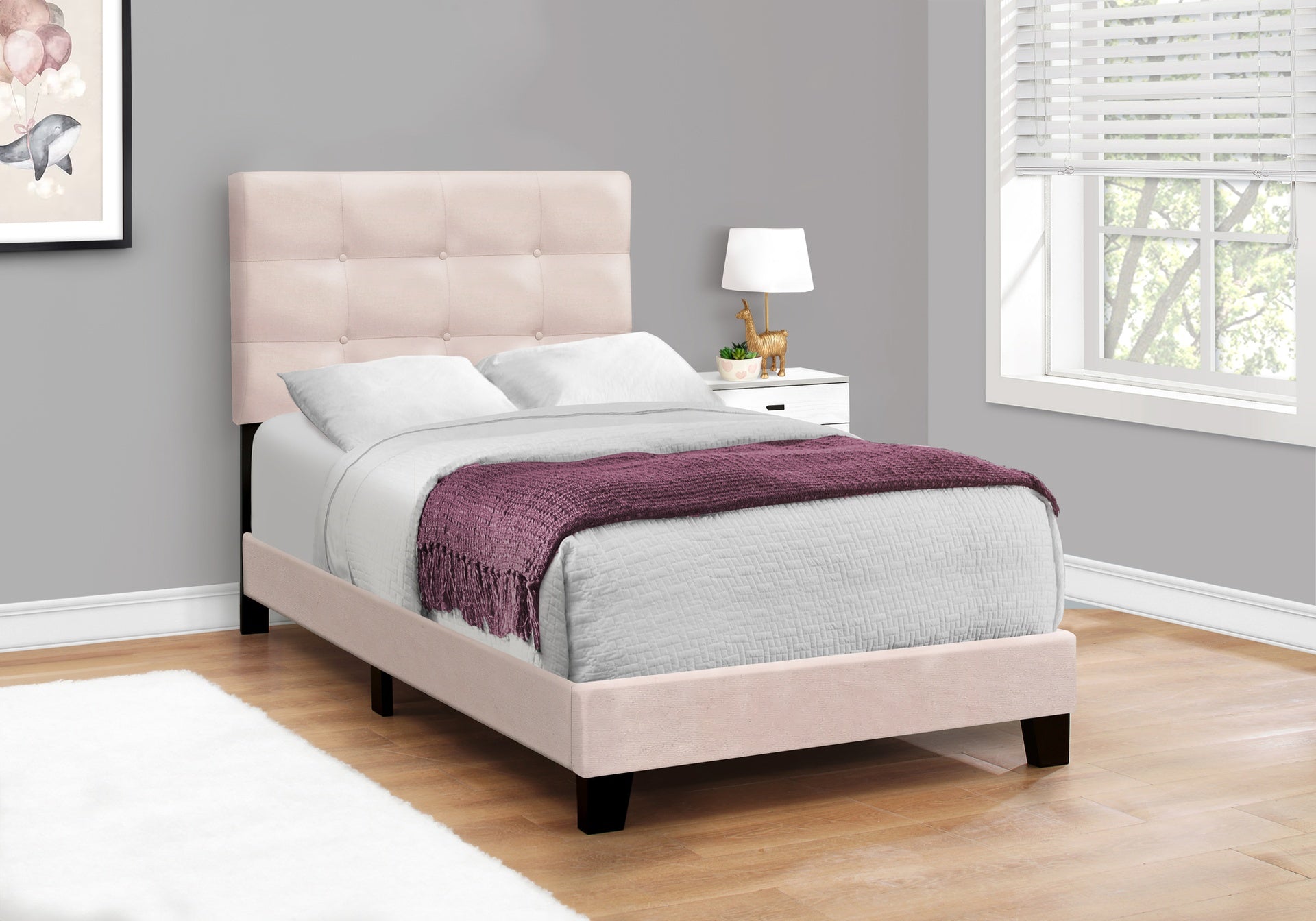 Bed, Twin Size, Upholstered, Bedroom, Frame Only, Youth, Teen, Juvenile, Pink Velvet, Transitional