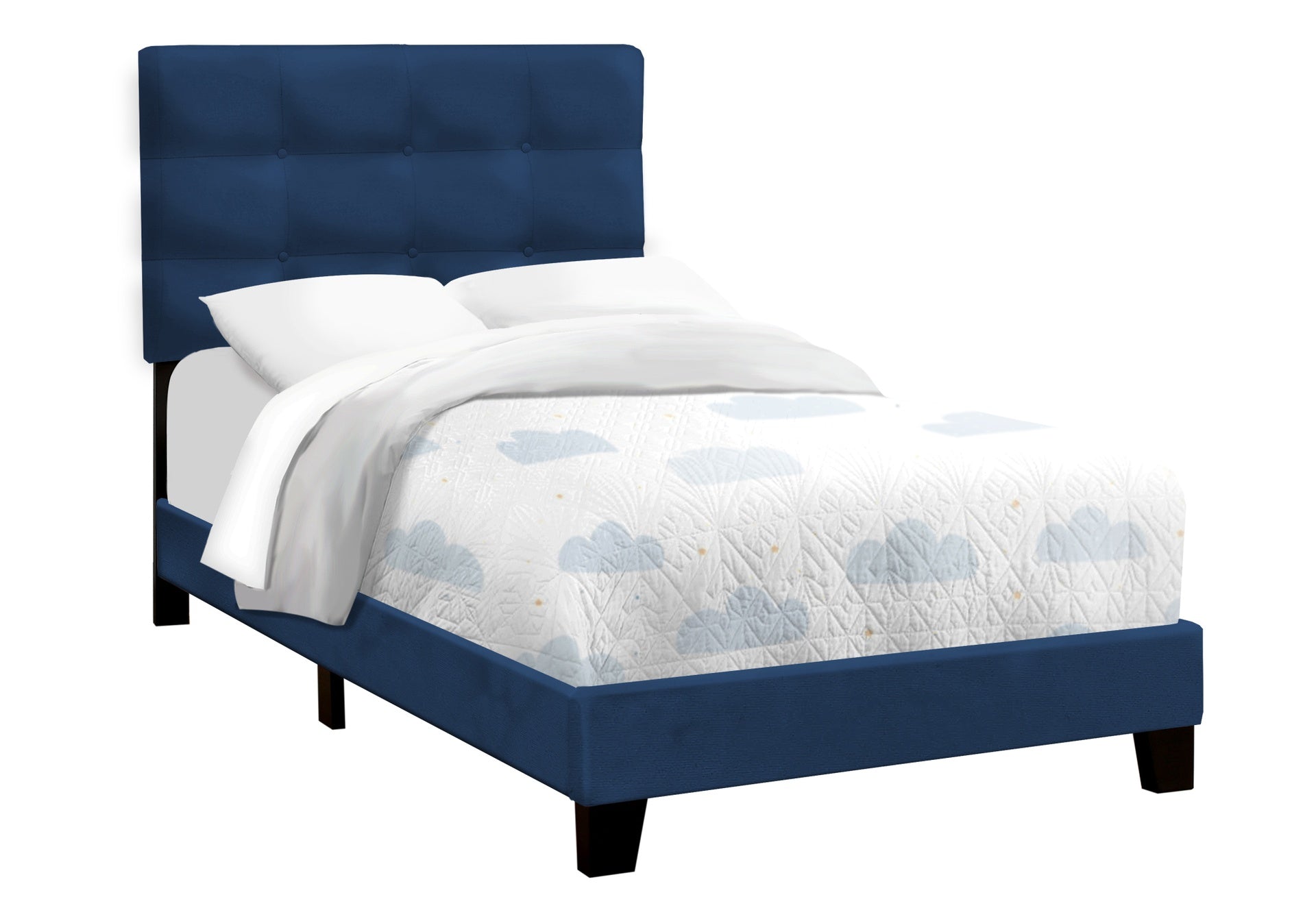 Bed, Twin Size, Upholstered, Bedroom, Frame Only, Youth, Teen, Juvenile, Blue Velvet, Transitional