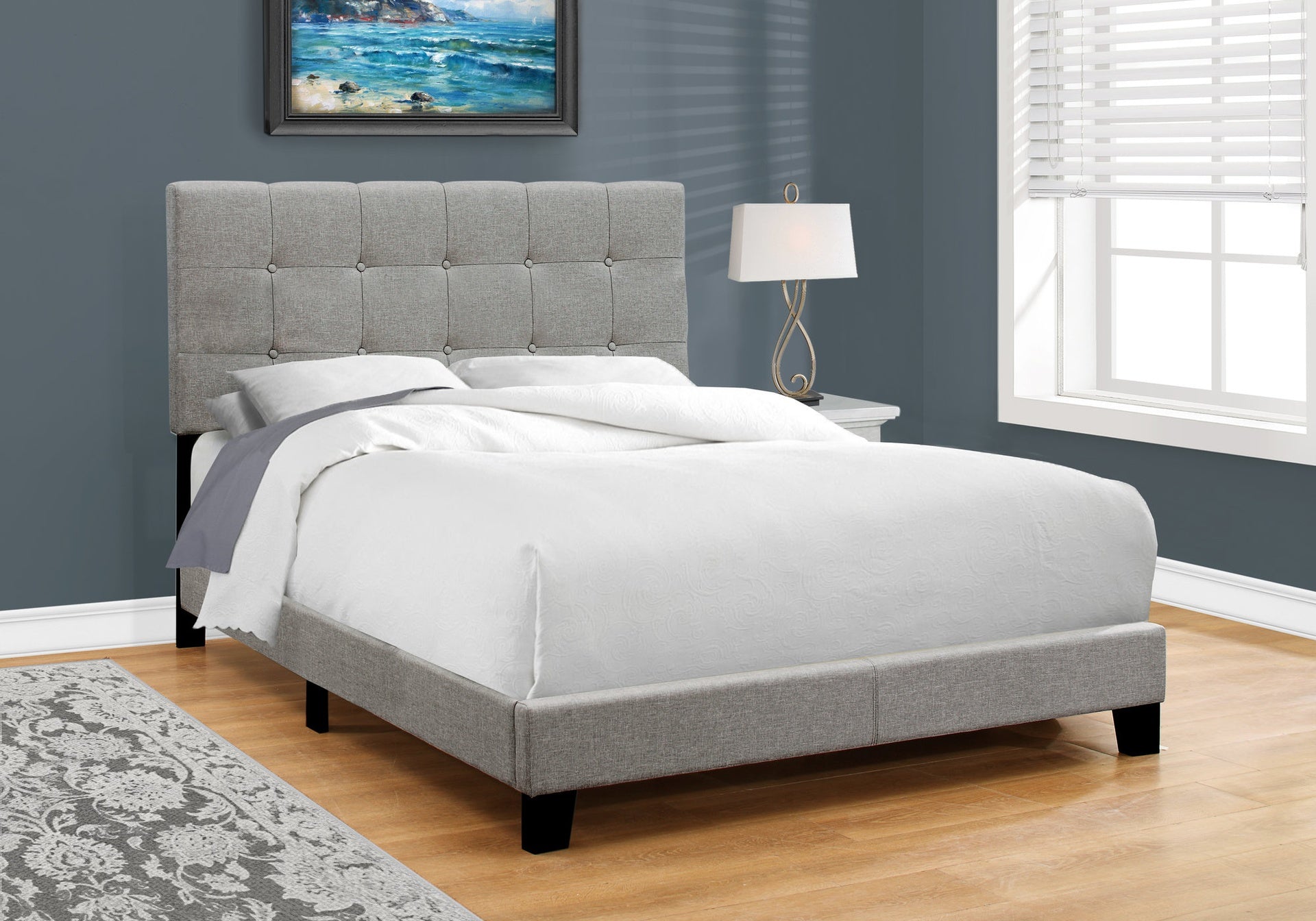 Bed, Full Size, Bedroom, Upholstered, Grey Linen Look, Transitional