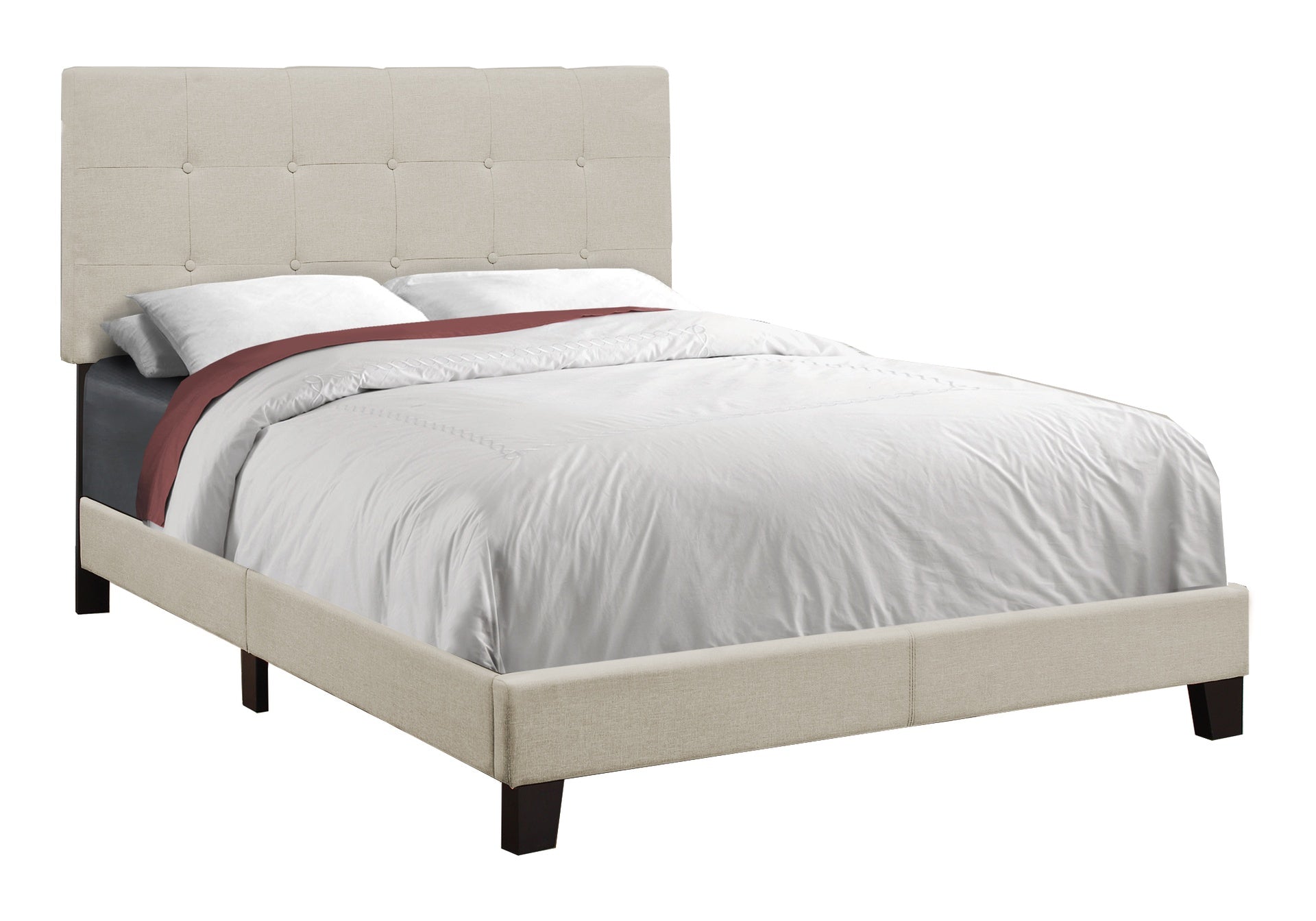 Bed, Full Size, Bedroom, Upholstered, Beige Linen Look, Black Wood Legs, Transitional